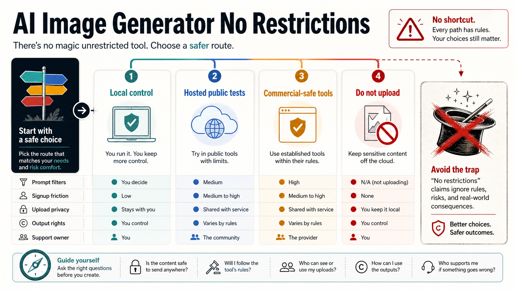 Route board for choosing a safer lower-restriction AI image generation path