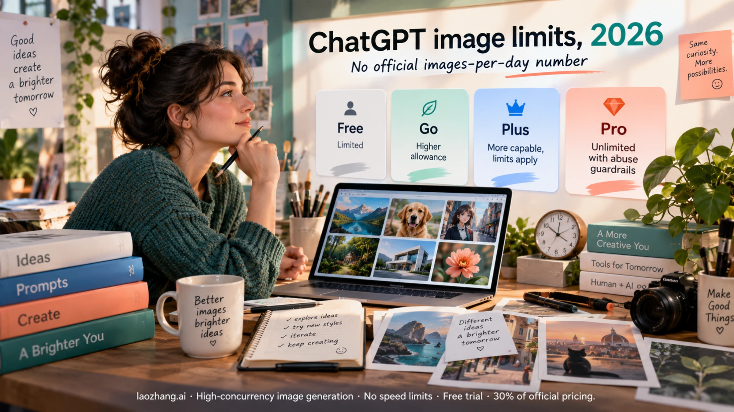 A creator plans image work beside Free, Go, Plus and Pro cards with relative allowances and no fixed daily count