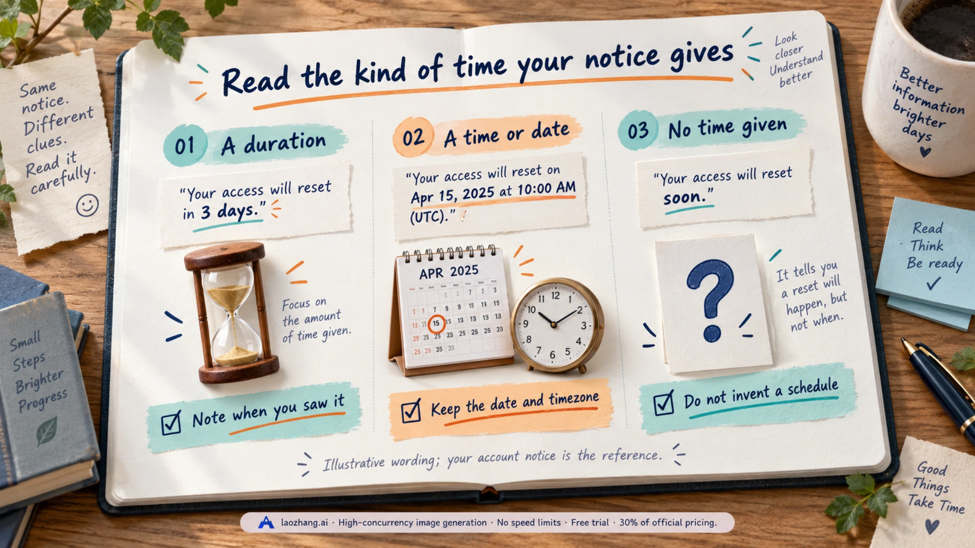 A notebook compares an illustrative duration notice, a date-and-time notice and a notice without a reset time