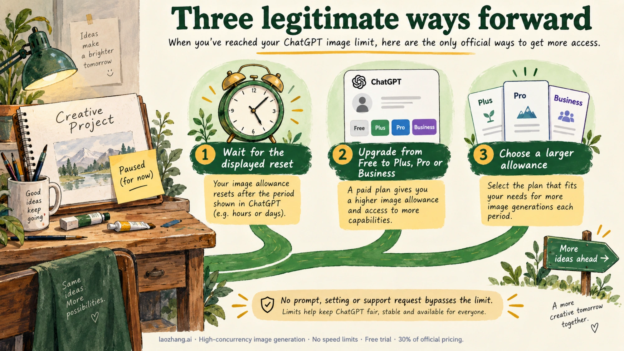 A paused creative project has three paths: wait for the displayed reset, upgrade from Free, or choose a larger allowance
