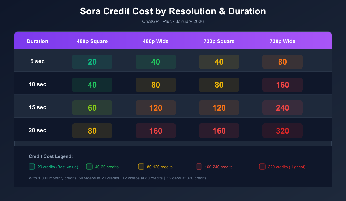 Sora Credit Cost Breakdown by Resolution and Duration