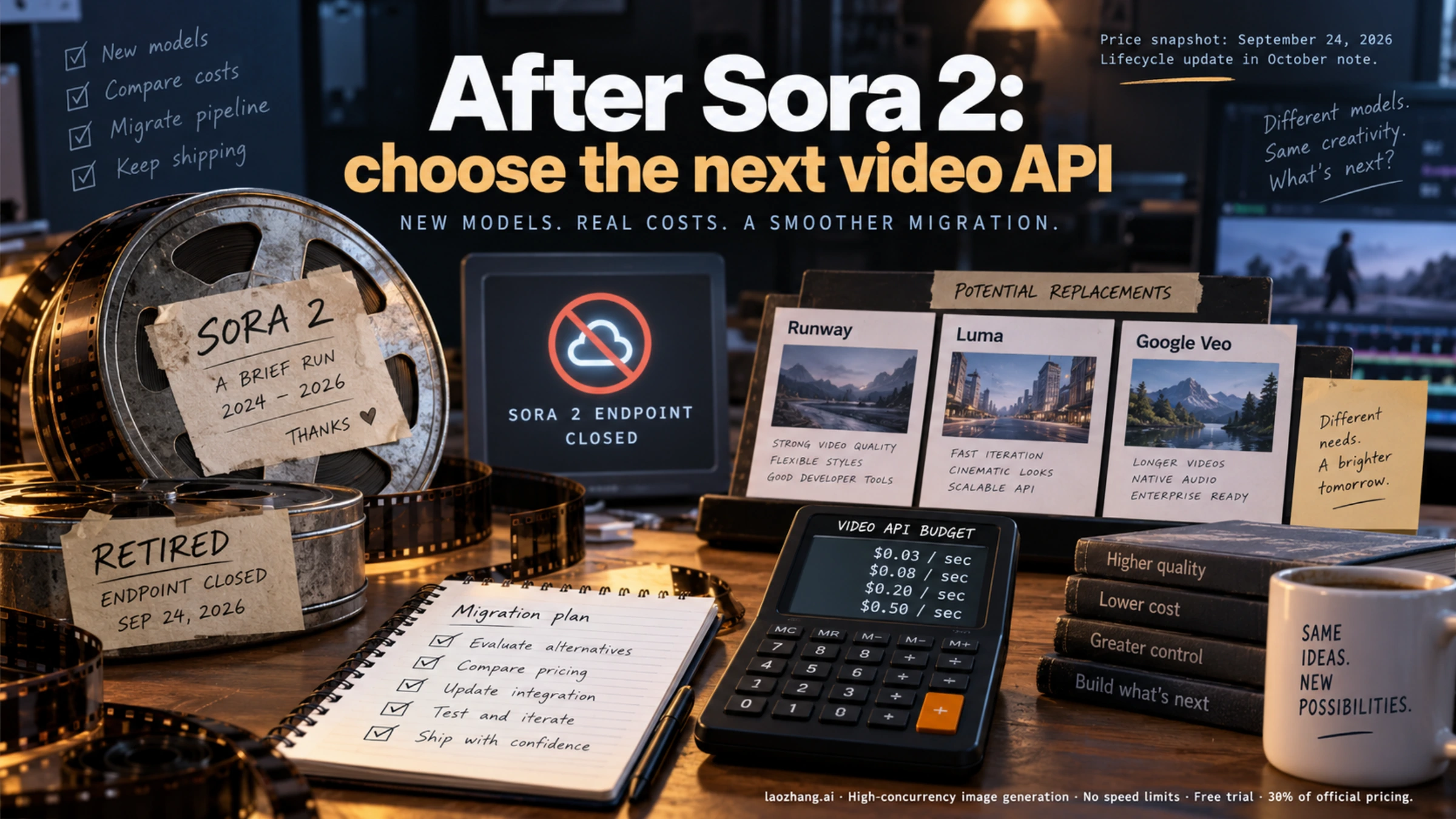 Retired Sora film reels, replacement storyboards and a calculator illustrate video API migration