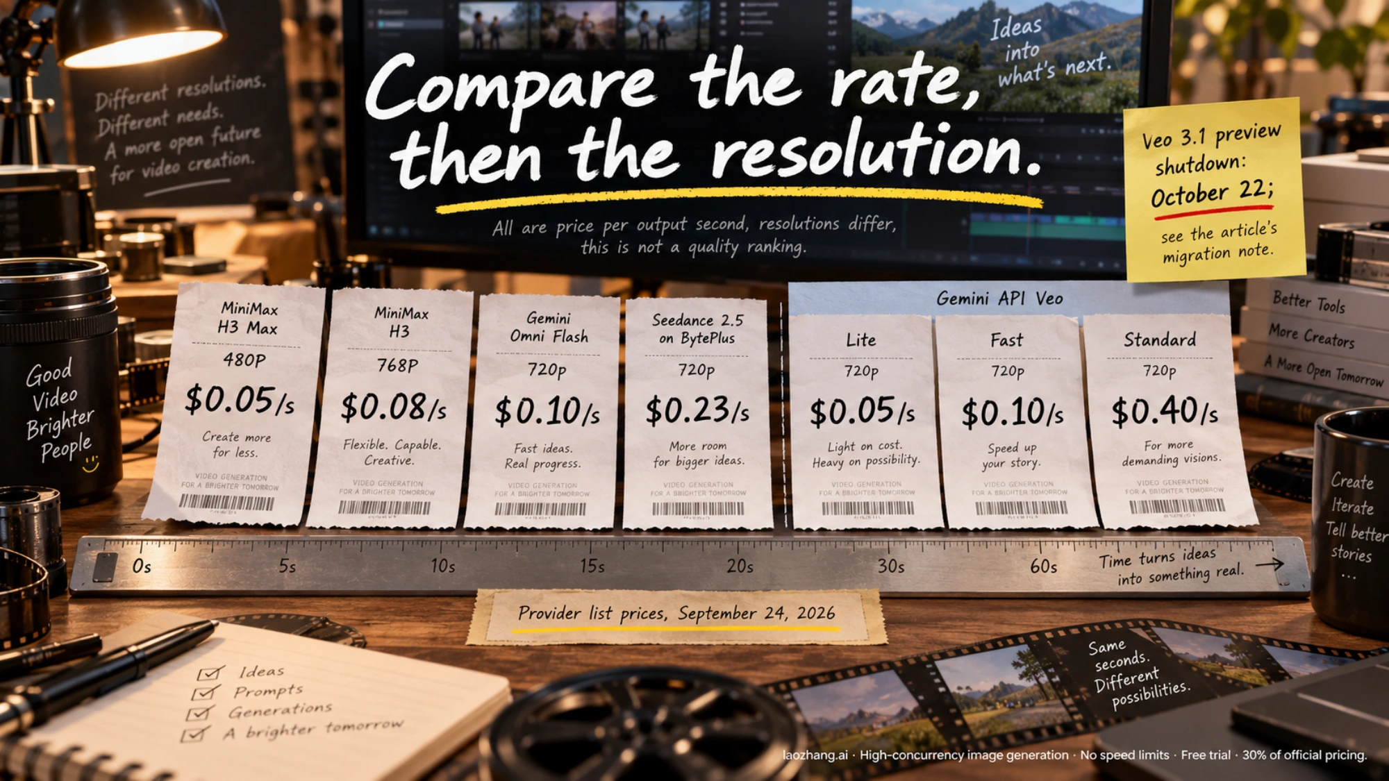 Receipts and a time ruler compare dated per-second video rates across providers