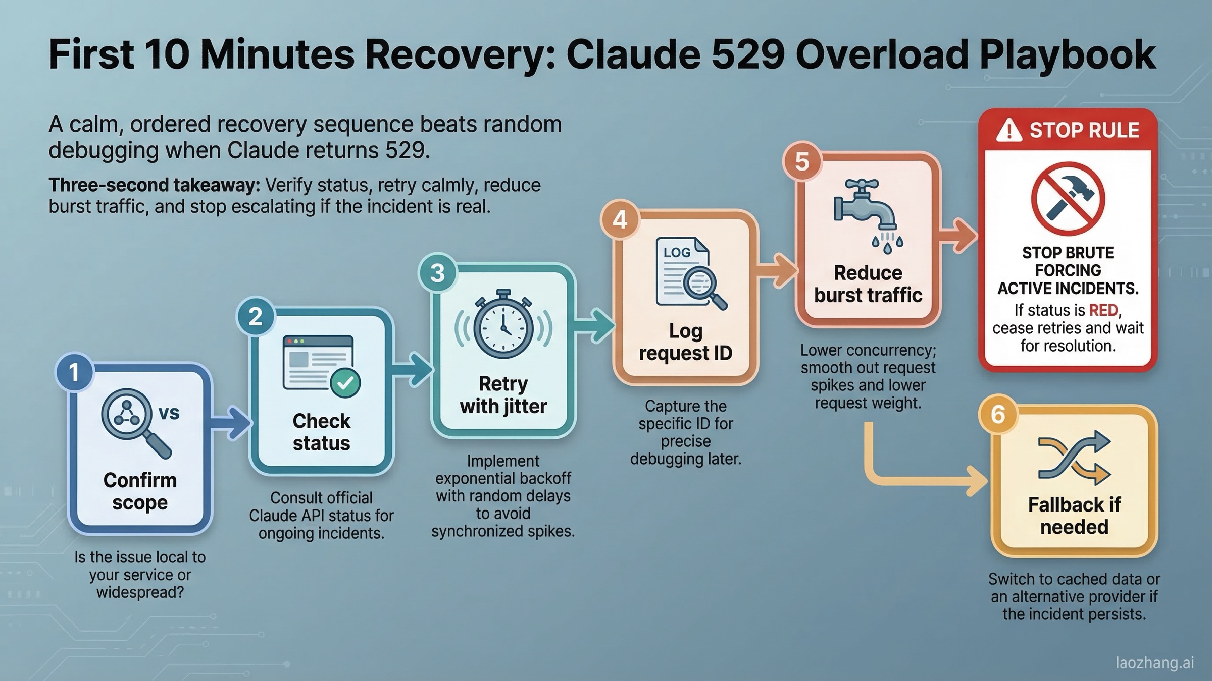 Step-by-step recovery playbook for Claude 529 overloaded error covering status checks, retries, request IDs, and fallback actions.