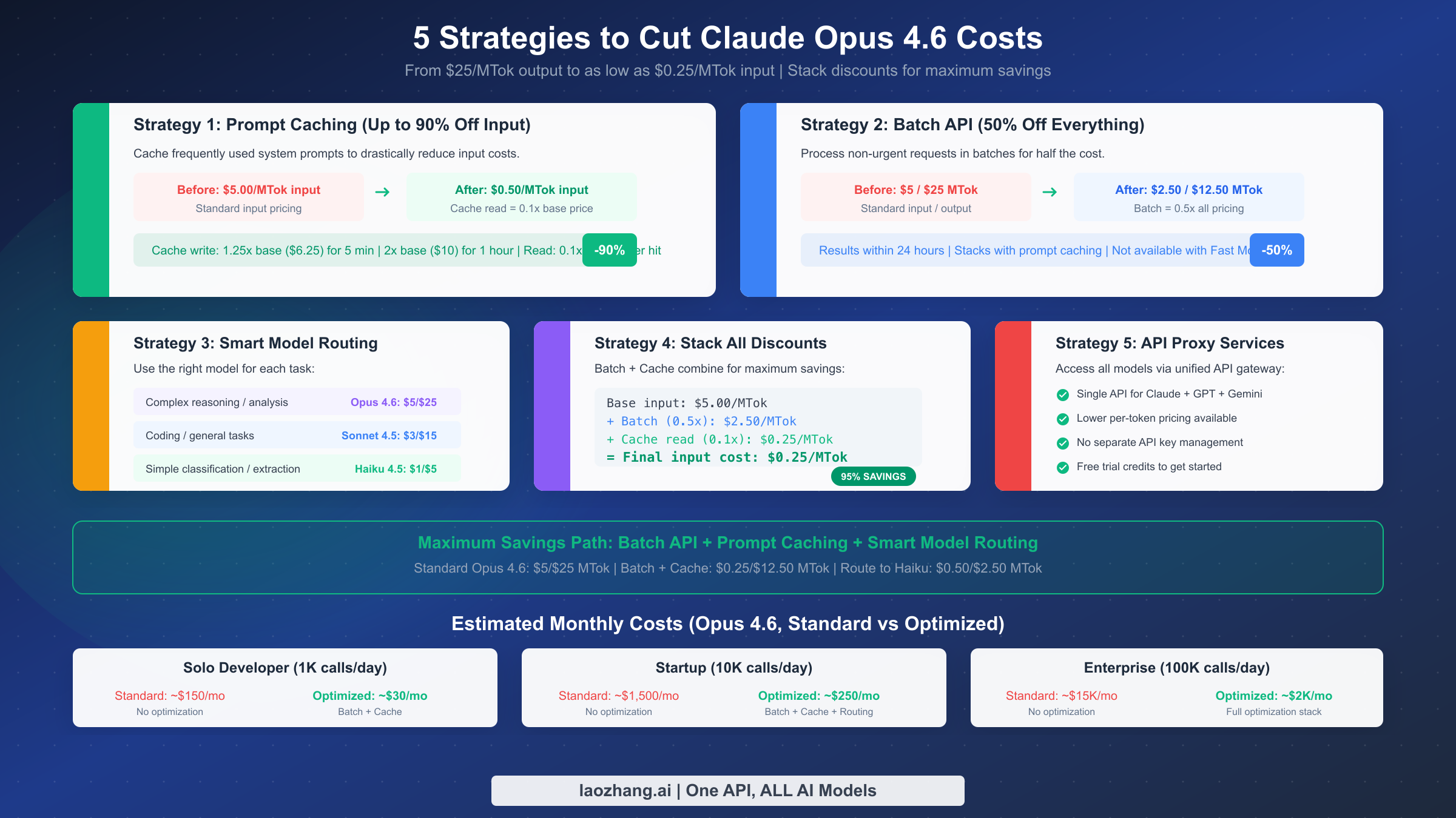 Five cost optimization strategies for Claude Opus 4.6 showing savings from caching, batch API, and model routing