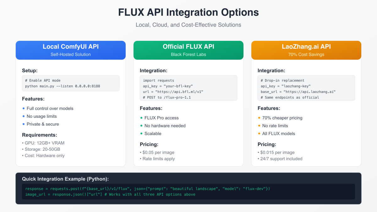 API integration comparison showing local, cloud, and LaoZhang options