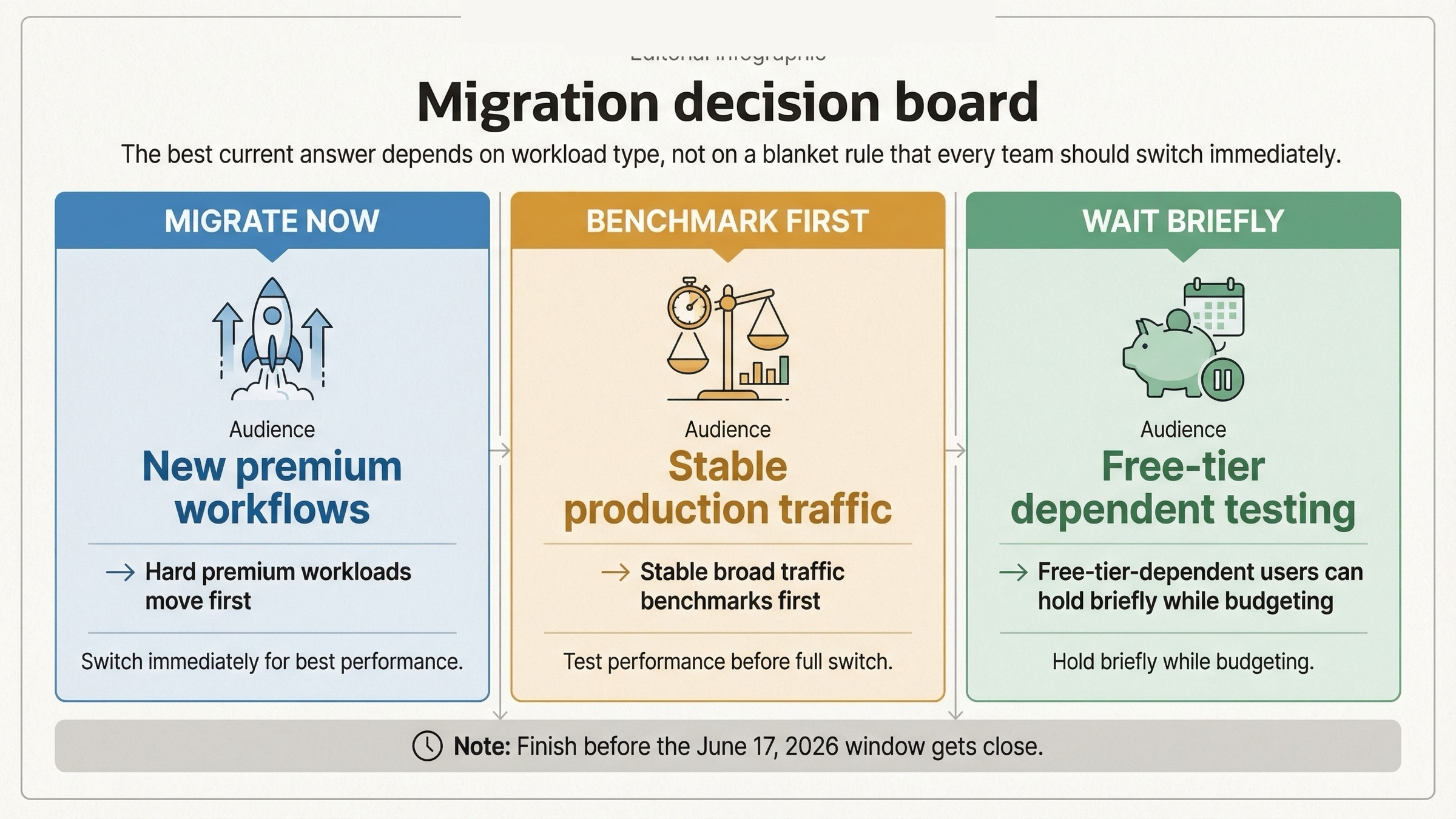 Routing board showing which teams should migrate to Gemini 3.1 Pro Preview now, benchmark first, or wait briefly before replacing Gemini 2.5 Pro.