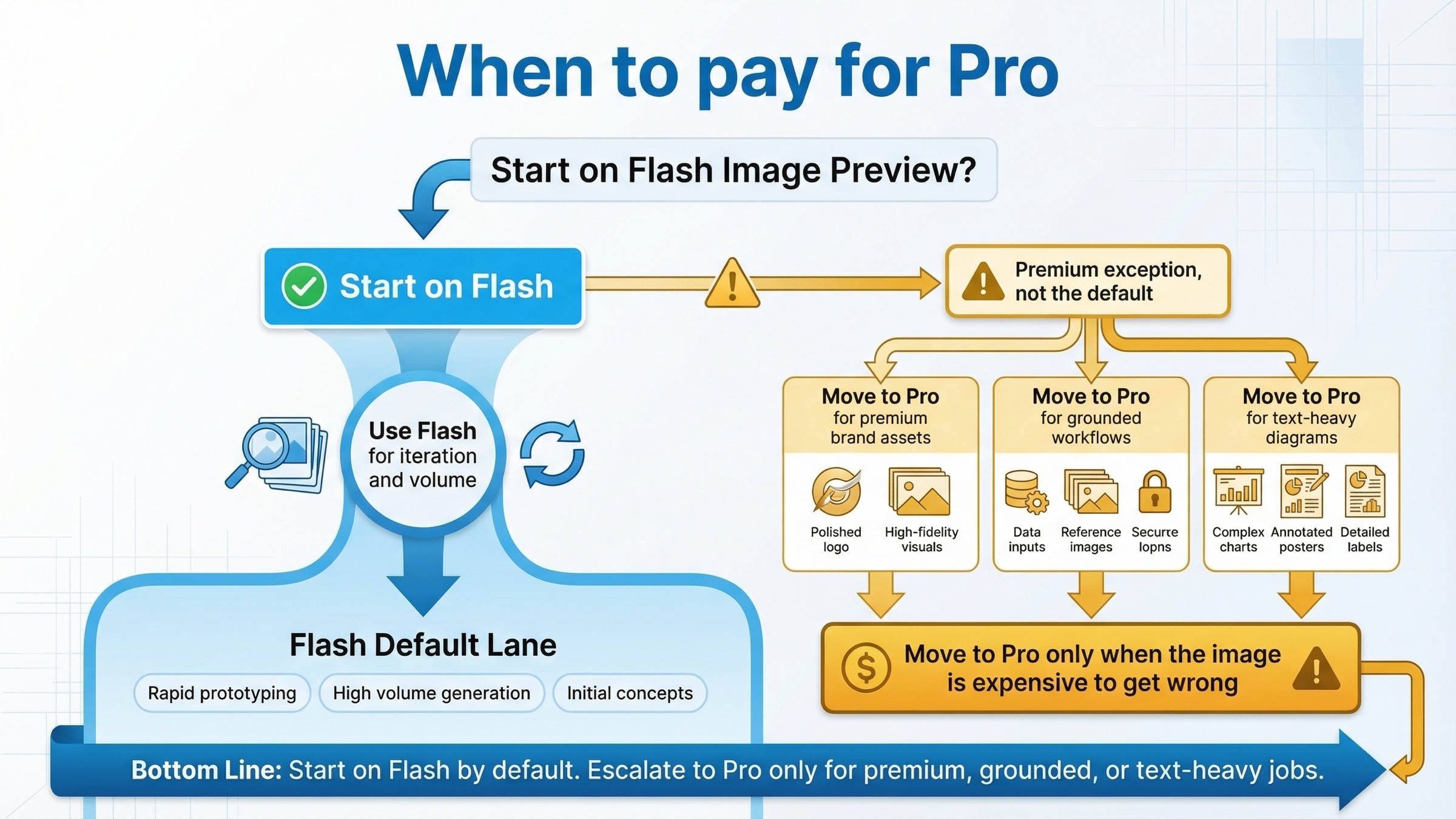 Decision board showing when to stay on Flash Image Preview and when to pay for Gemini 3 Pro Image Preview.