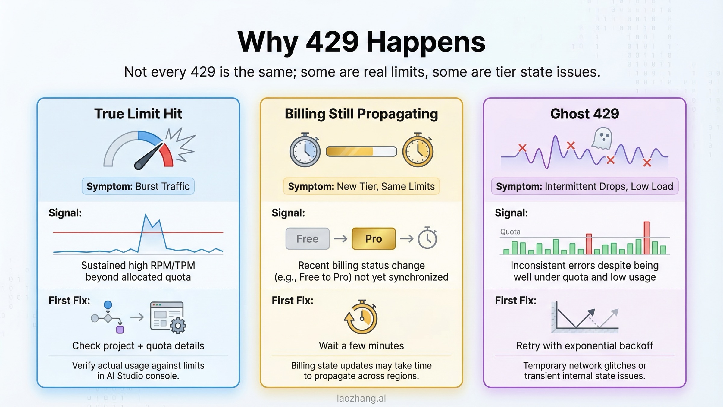 Comparison graphic showing three common Gemini API 429 scenarios: true limit hit, billing propagation, and ghost 429.