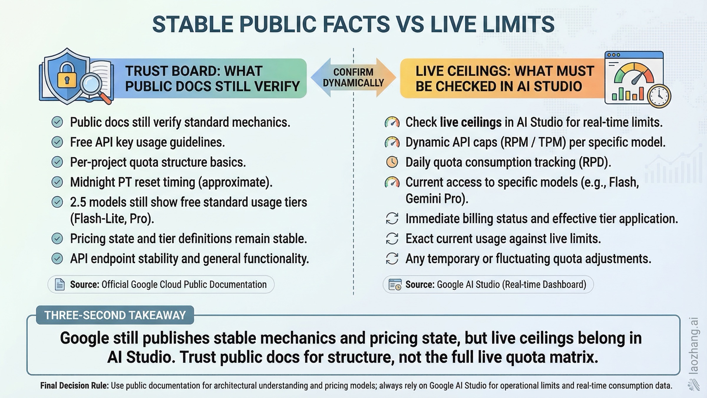 Table-style infographic showing which Gemini free-tier facts are still publicly verified in March 2026
