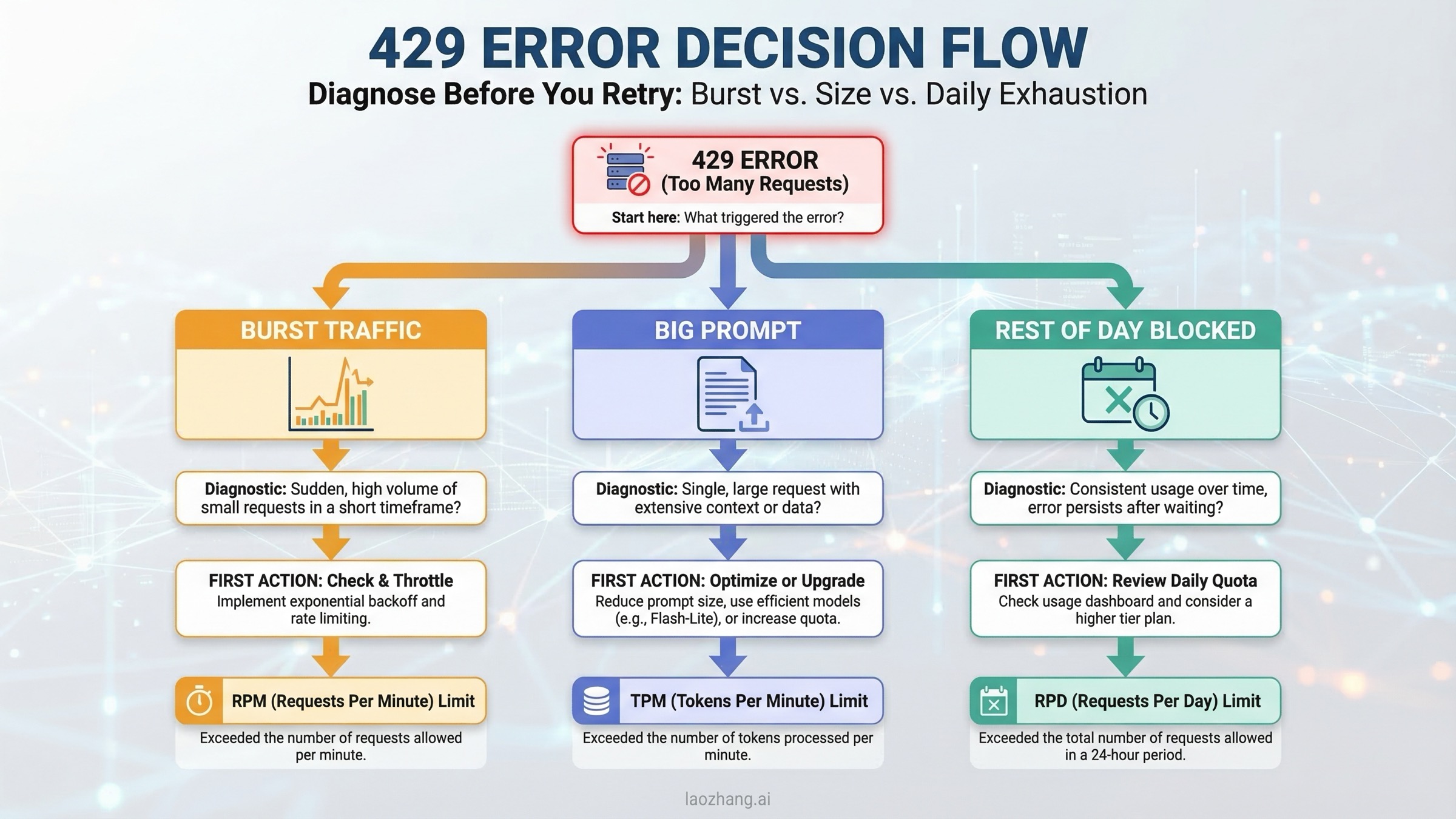 429 error decision flow separating RPM, TPM, and RPD causes on Gemini API free tier