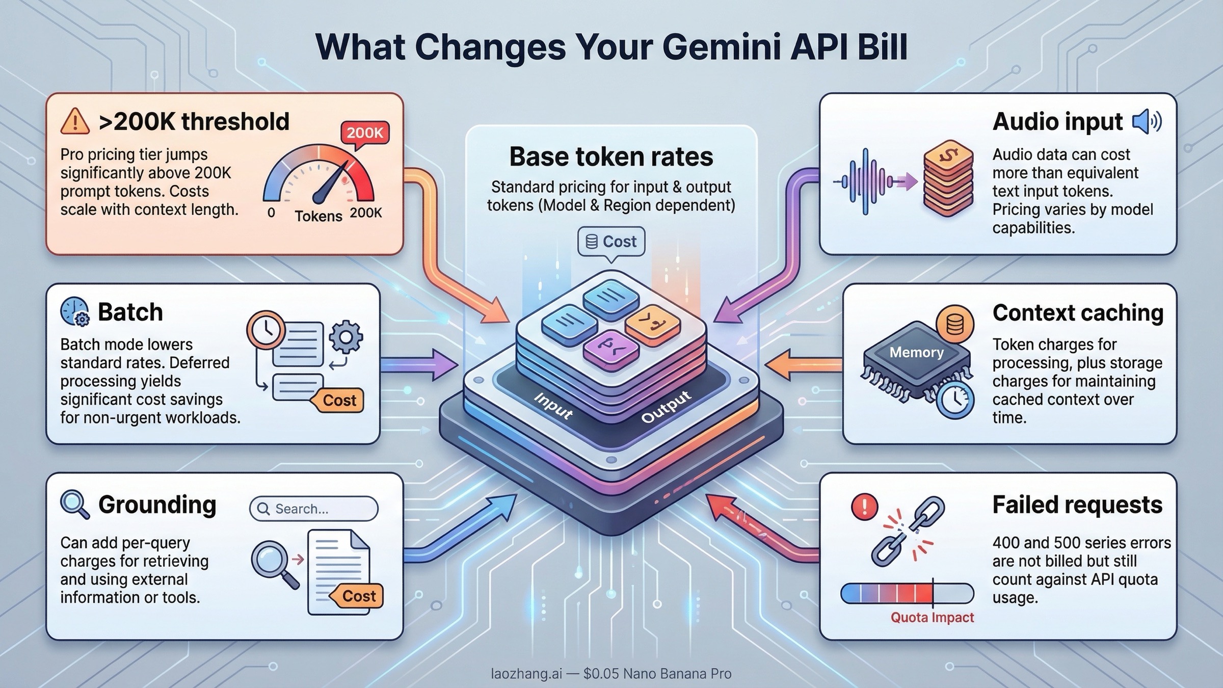 Layered billing graphic showing the main factors that change a Gemini API bill beyond basic input and output token rates.