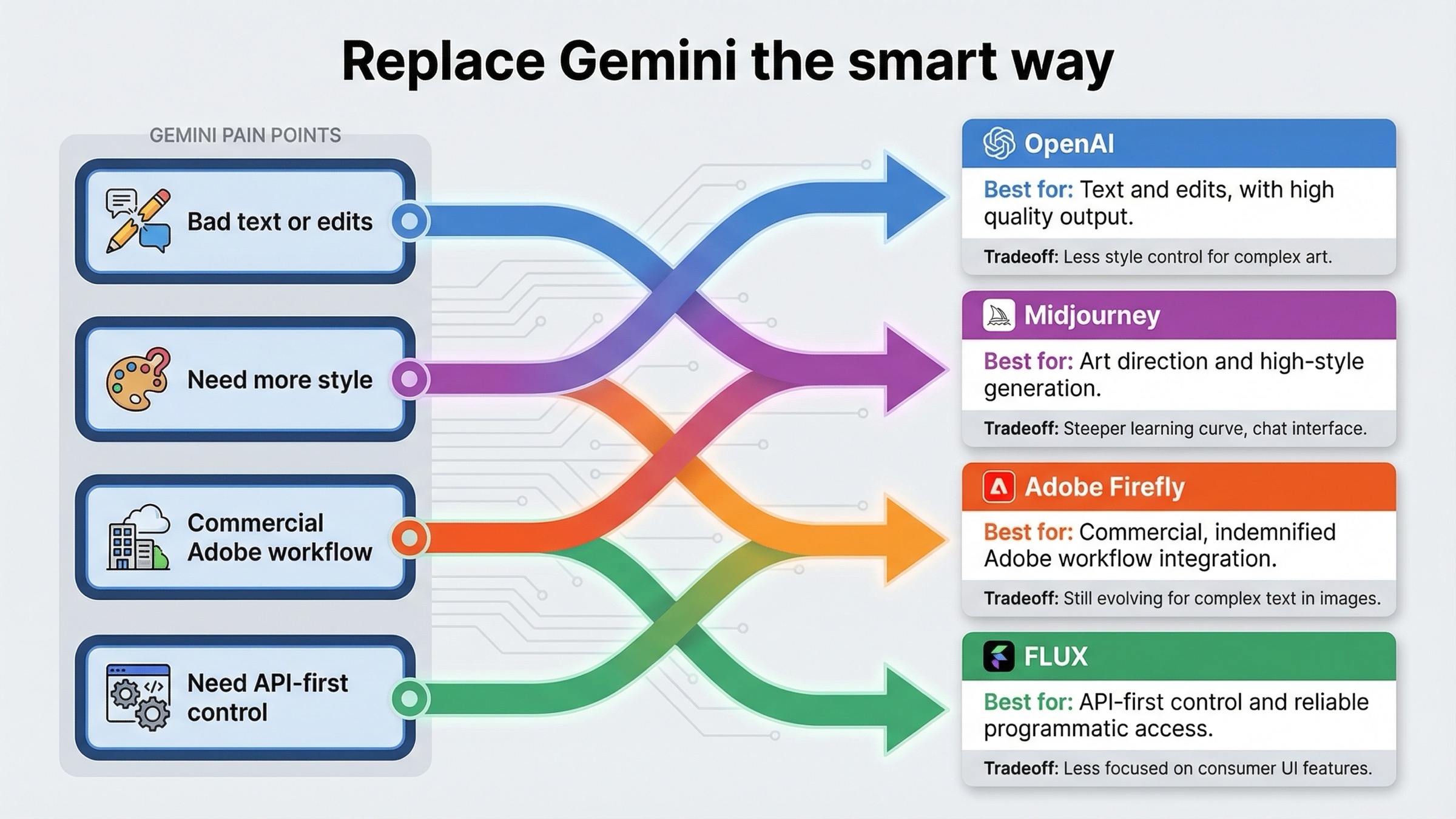 Routing board showing which Gemini pain points should send readers to OpenAI, Midjourney, Adobe Firefly, or FLUX