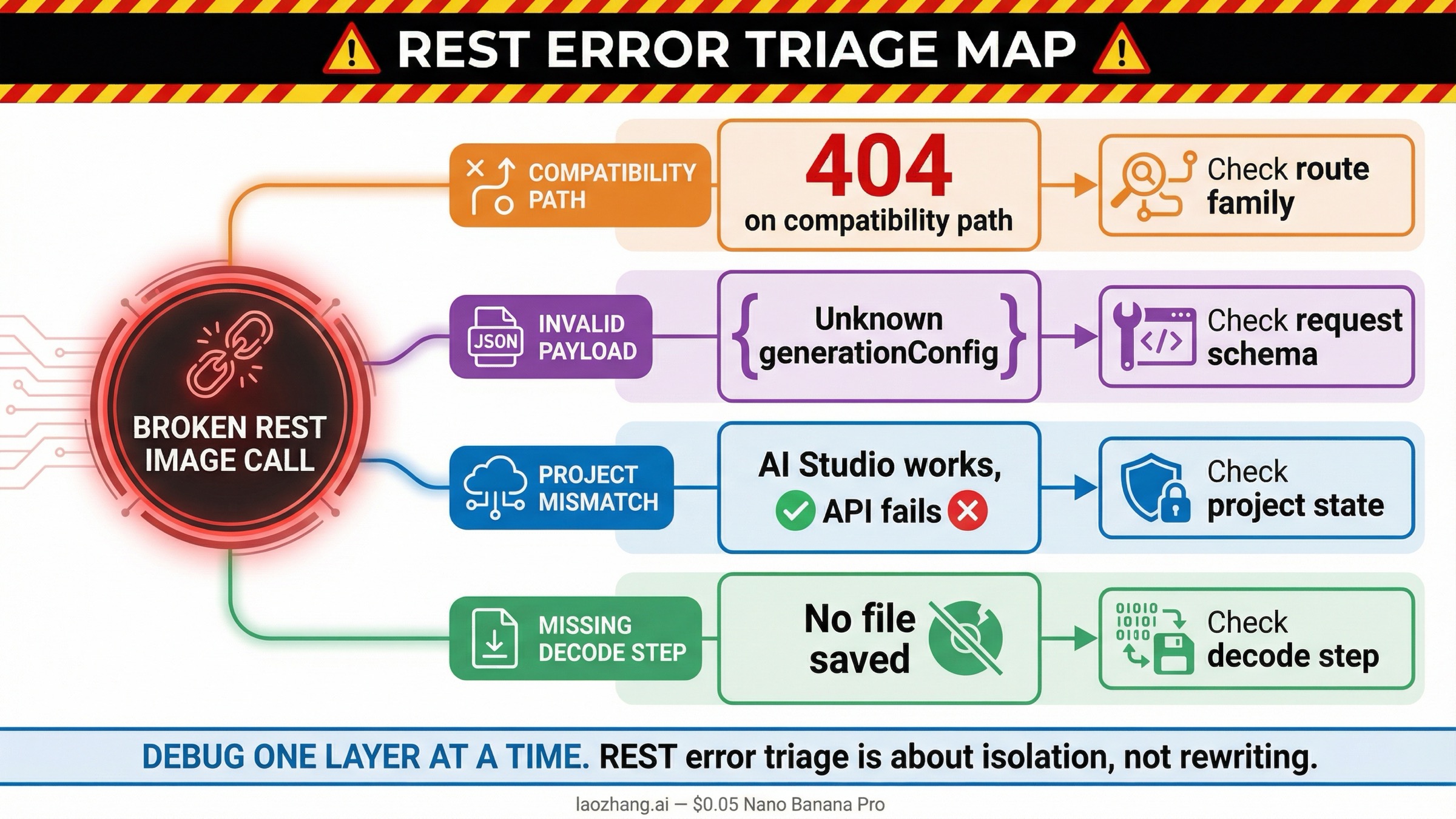 Troubleshooting map showing how to triage 404 errors, invalid payloads, project mismatches, and missing image decode steps in the Gemini image REST workflow.