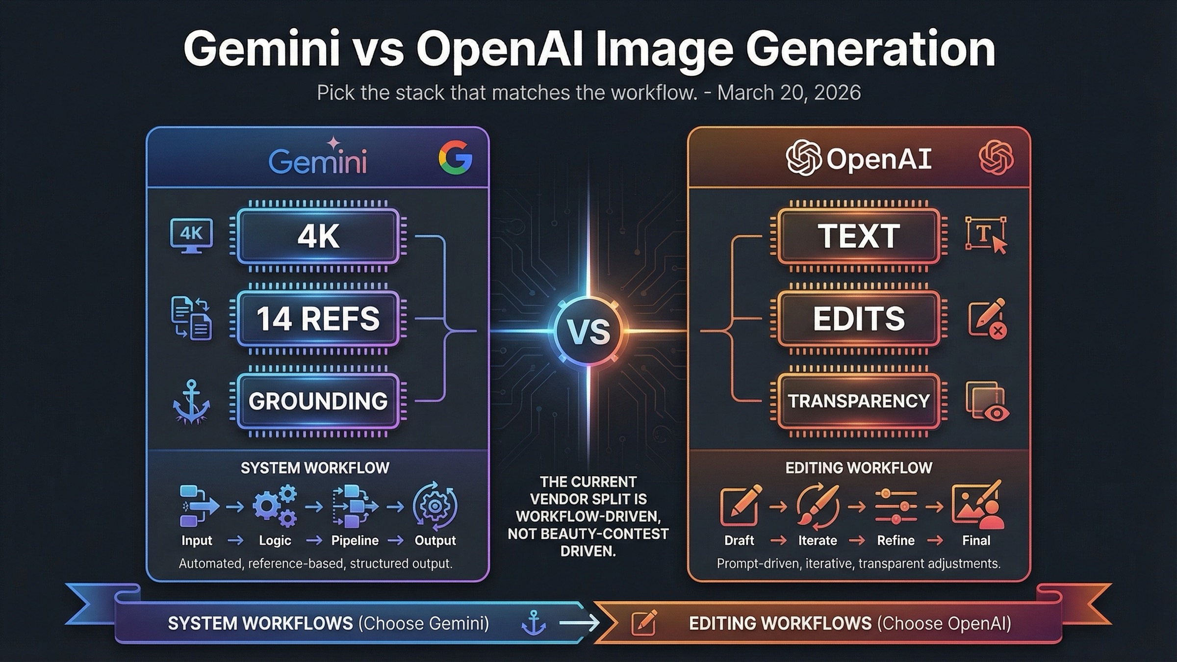 Gemini versus OpenAI image generation comparison covering pricing, editing, 4K output, and workflow fit