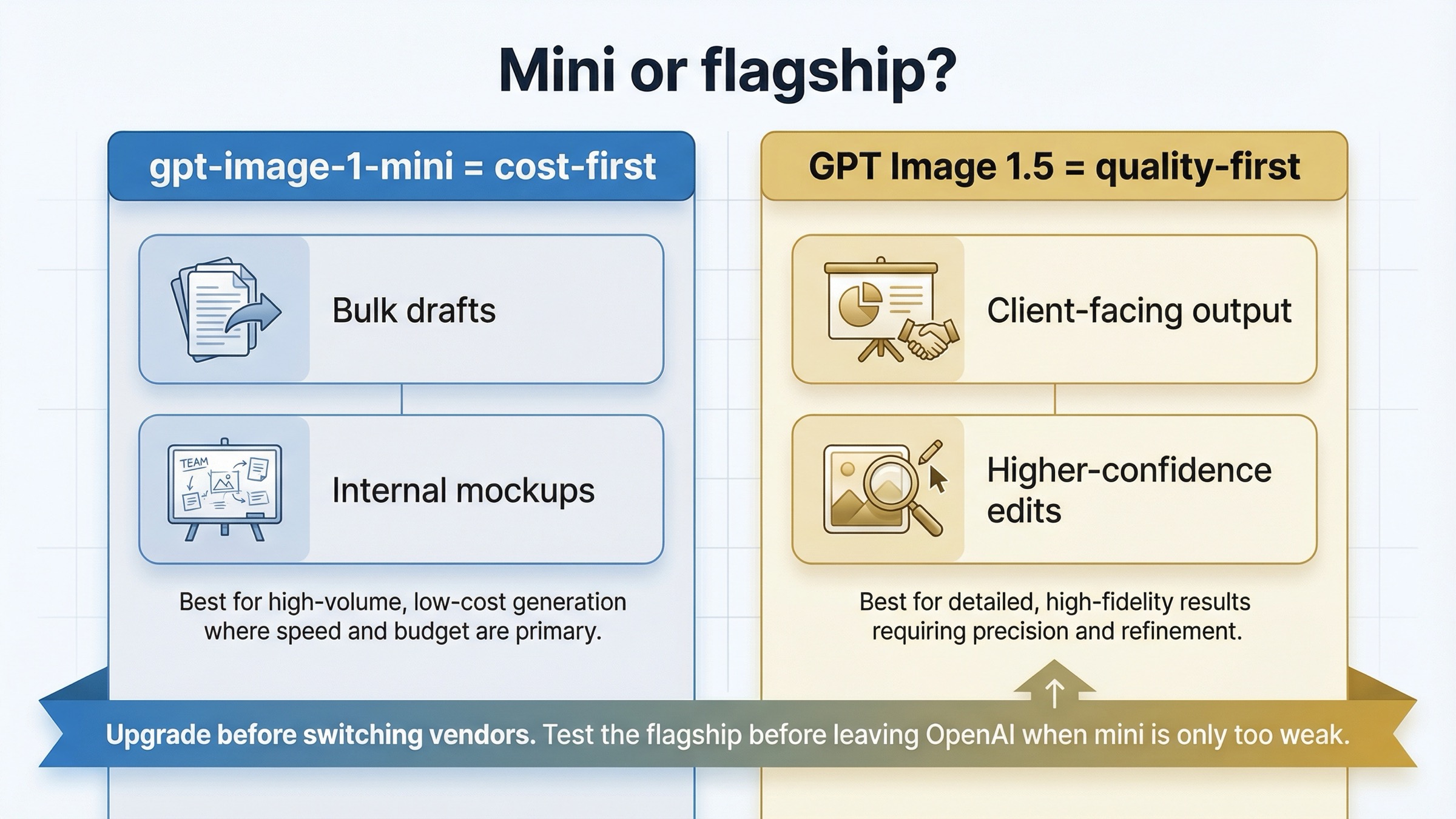 Two-lane board showing when gpt-image-1-mini is the right cost-first lane and when GPT Image 1.5 is the better quality-first upgrade
