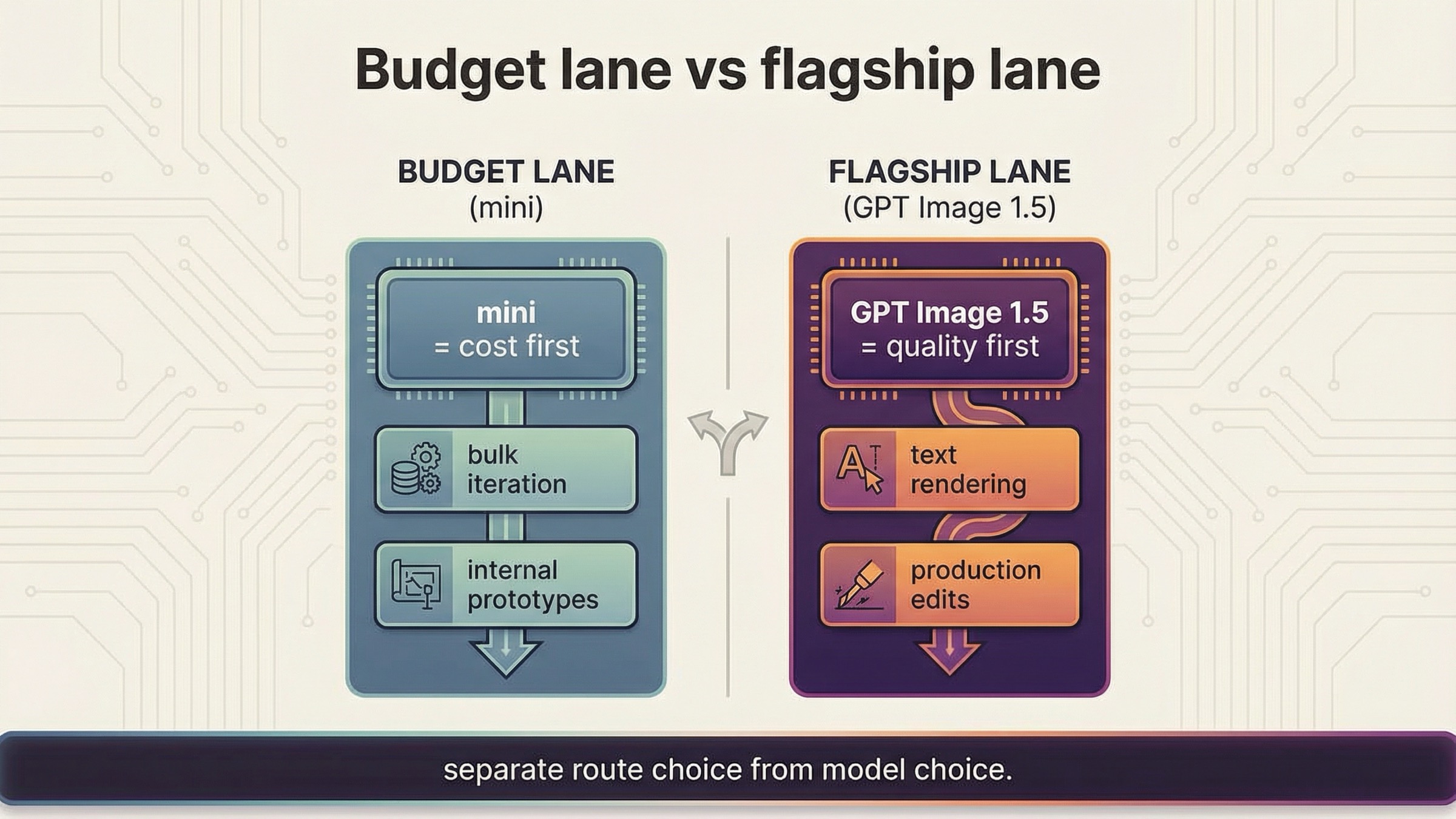 Routing board showing when gpt-image-1-mini is the cost-first choice and when GPT Image 1.5 is the better quality-first choice.