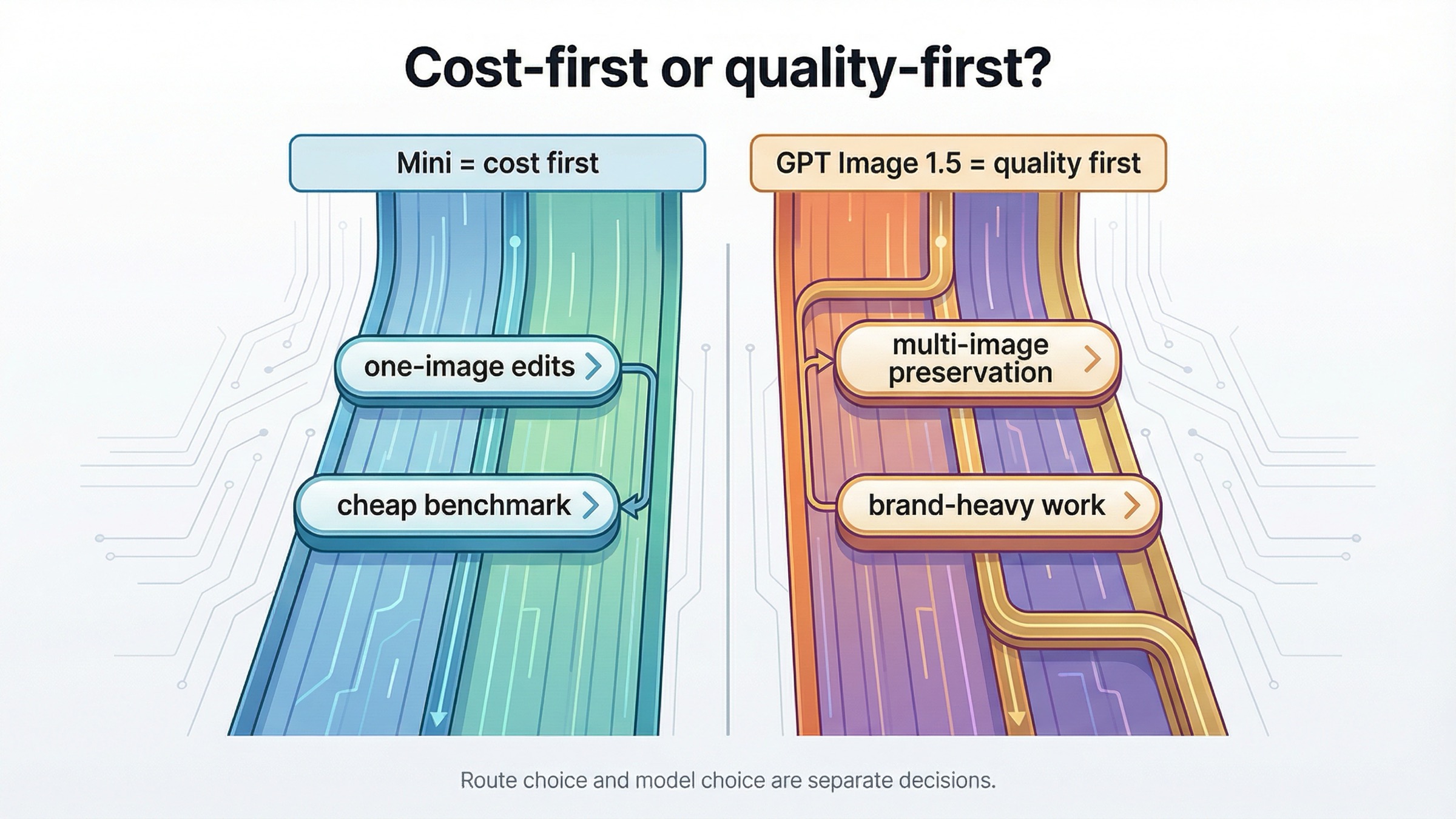 Routing board showing GPT Image 1 Mini as the cost-first edit lane and GPT Image 1.5 as the safer quality-first lane for demanding edits