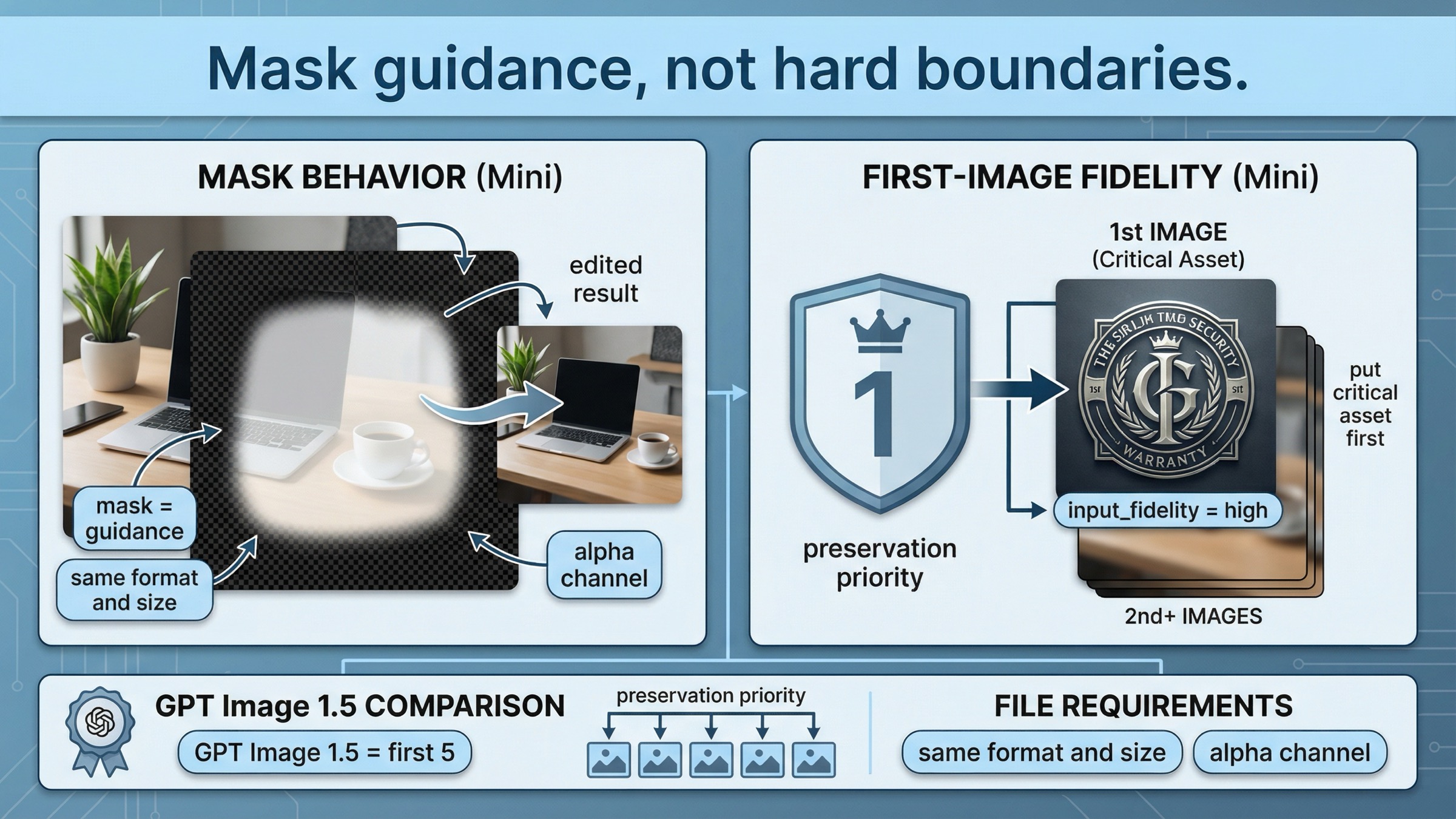 Information board showing mask requirements, prompt-based inpainting behavior, and the first-image fidelity bias on GPT Image 1 Mini