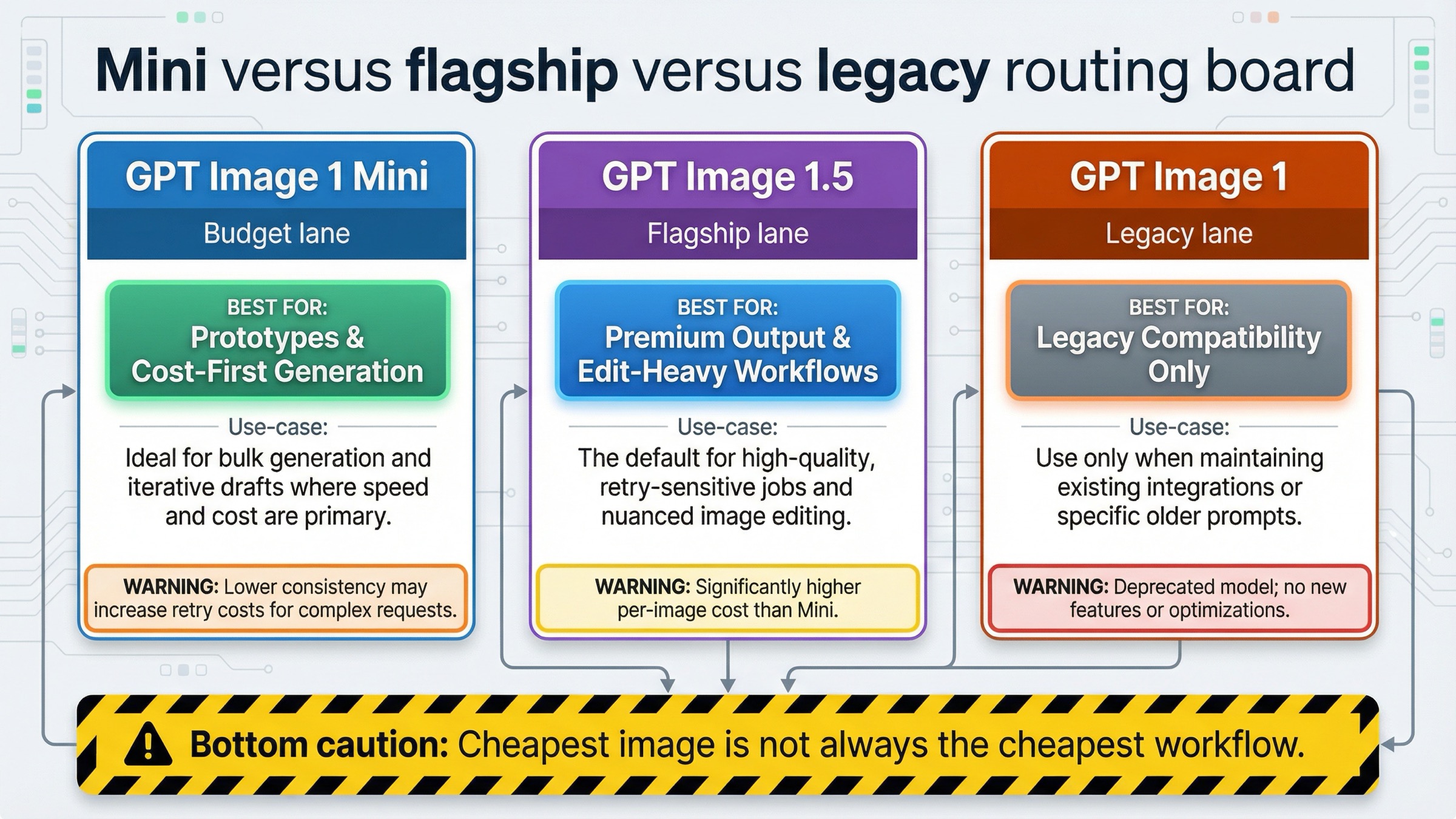 Routing board comparing GPT Image 1 Mini, GPT Image 1.5, and GPT Image 1 by role, best-fit scenario, and workflow caution.