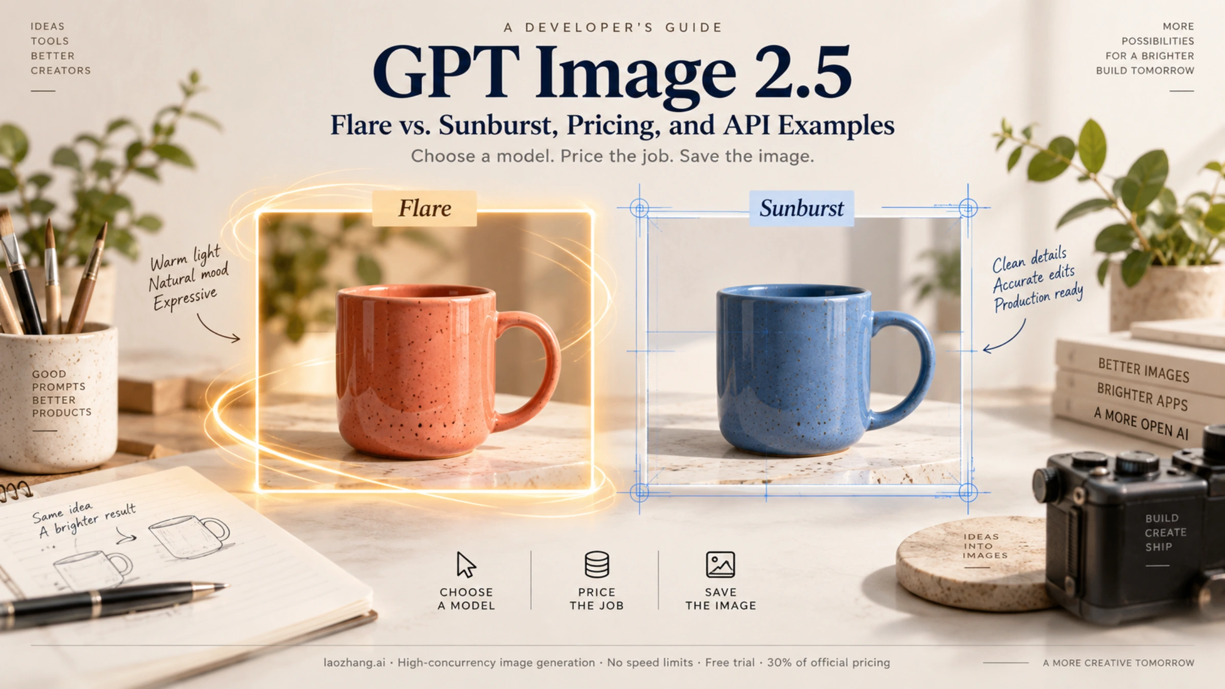 Coral and blue ceramic mugs illustrating the Flare and Sunburst choices in GPT Image 2.5