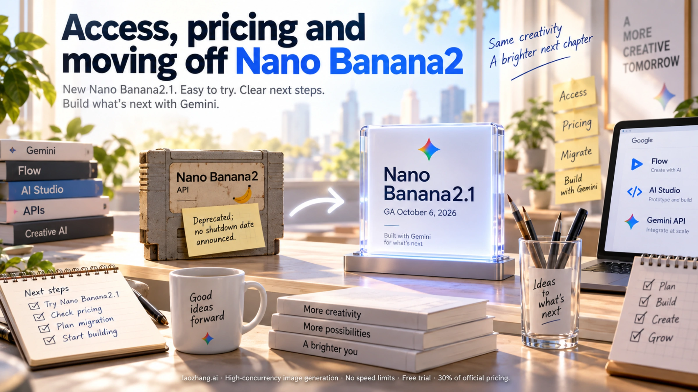 Nano Banana 2.1 and a deprecated Nano Banana 2 API cartridge in a creative studio