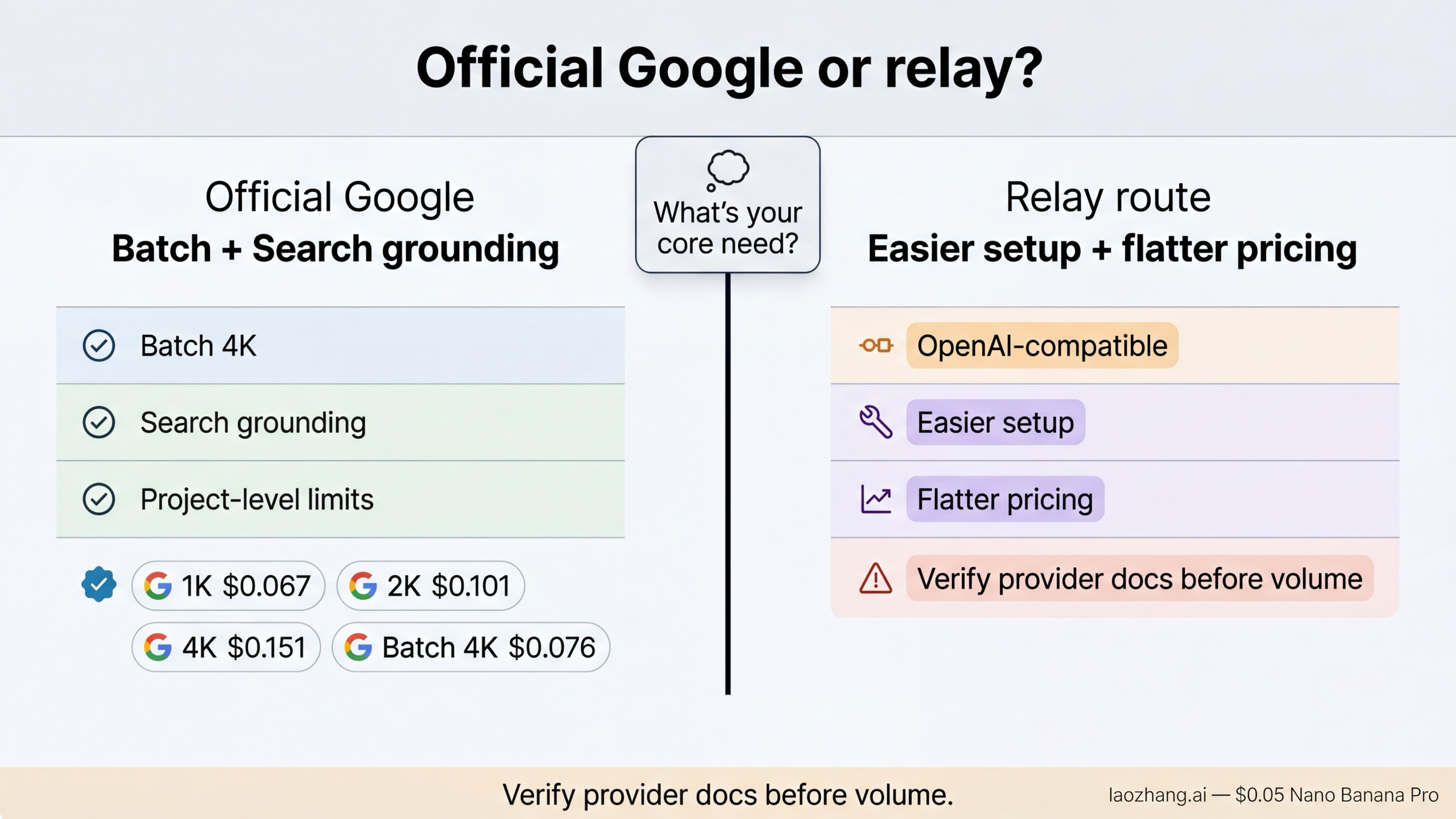 Split comparison board showing when Google's direct Nano Banana 2 API beats a relay route and when a relay is the better fit