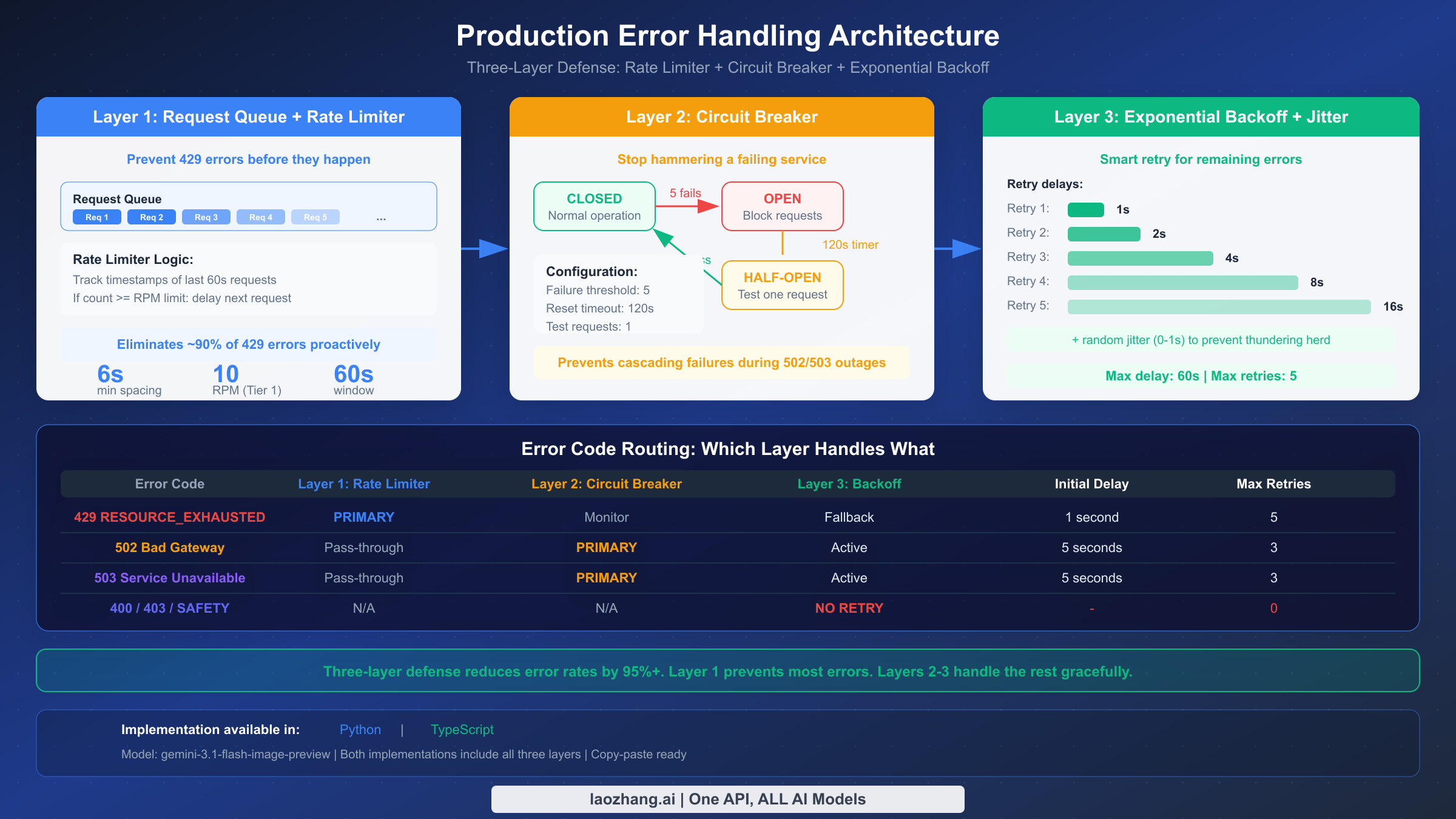 Production error handling architecture showing three-layer defense with rate limiter, circuit breaker, and exponential backoff