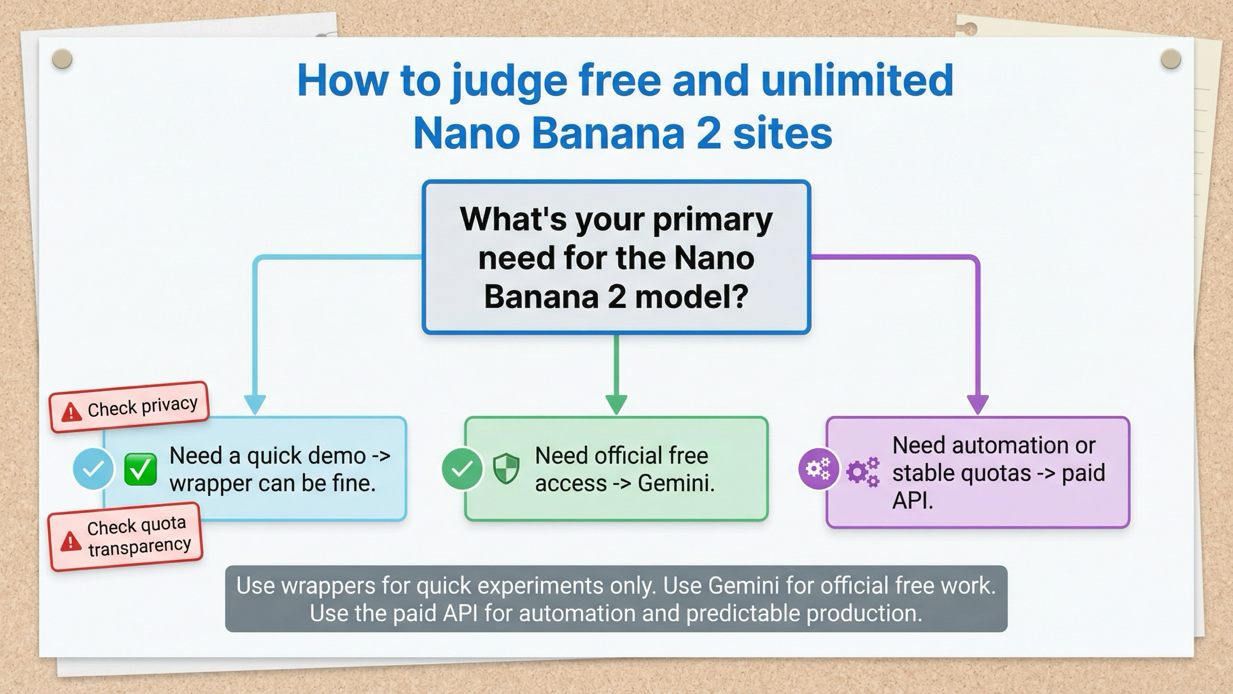 Decision board showing when a wrapper is fine for a quick demo, when Gemini is the right official free option, and when the paid API is the right choice for automation or stable quotas