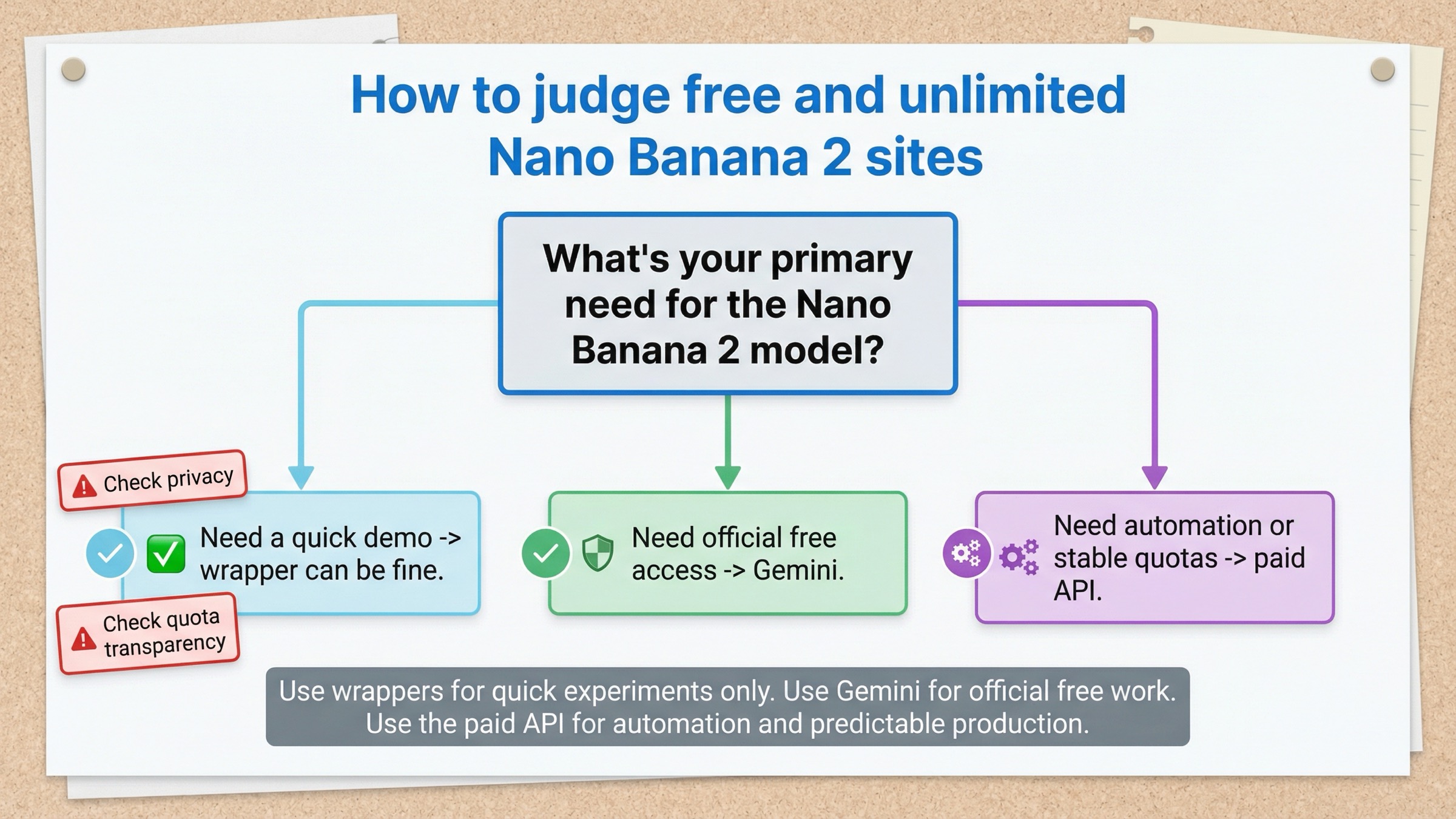Decision board showing when a third-party Nano Banana 2 wrapper is acceptable for a quick demo, when Gemini is the right official free option, and when the paid API is the right choice for automation or stable quotas