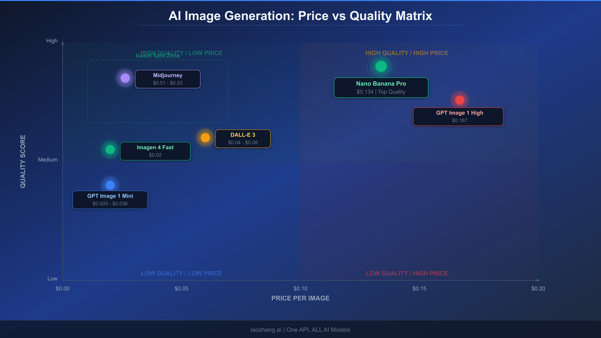Price versus quality matrix showing positions of major AI image generation models from cheapest low-quality to premium high-quality options