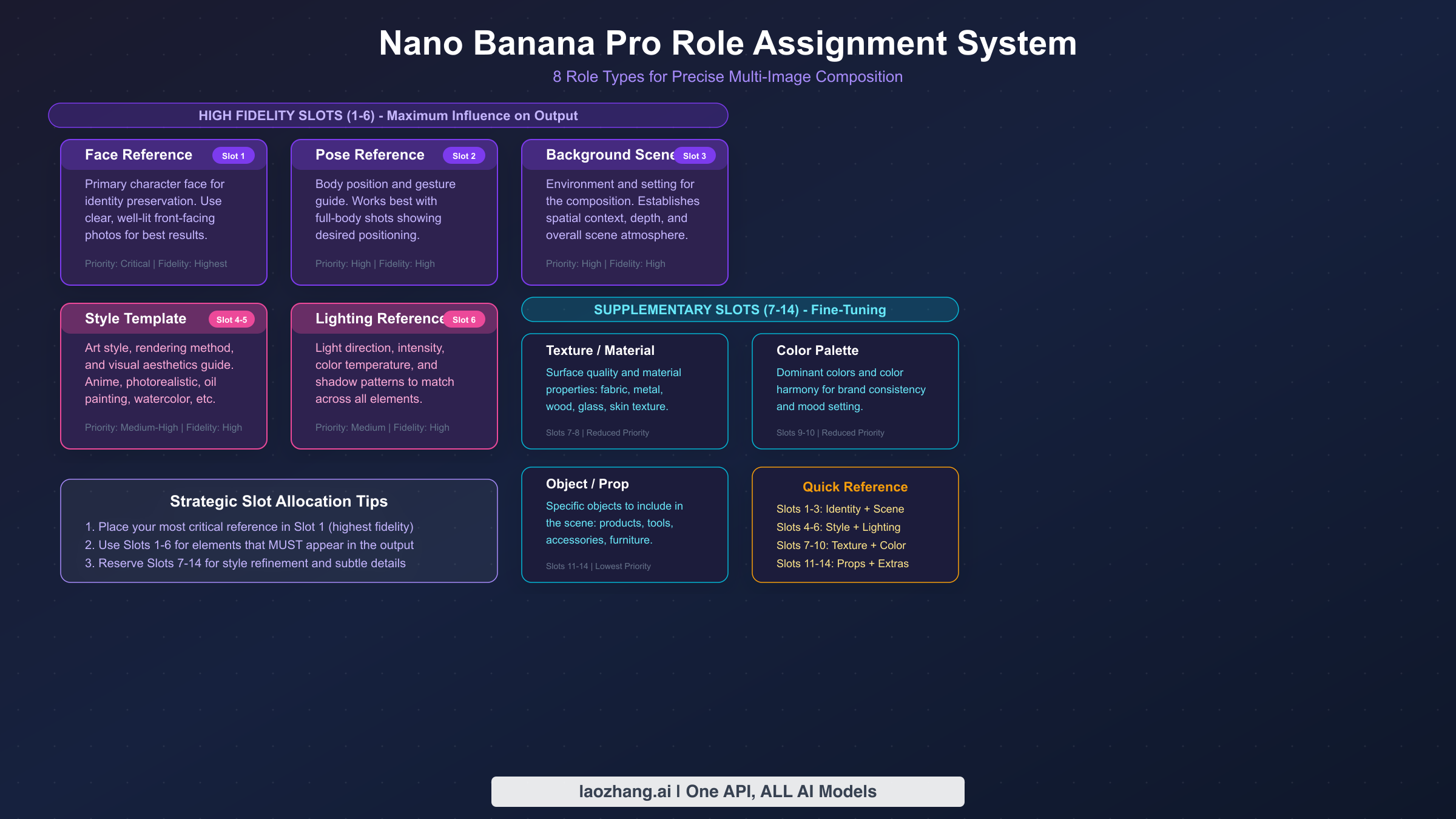 Complete role assignment taxonomy showing 8 role types organized by high-fidelity and supplementary slots in Nano Banana Pro