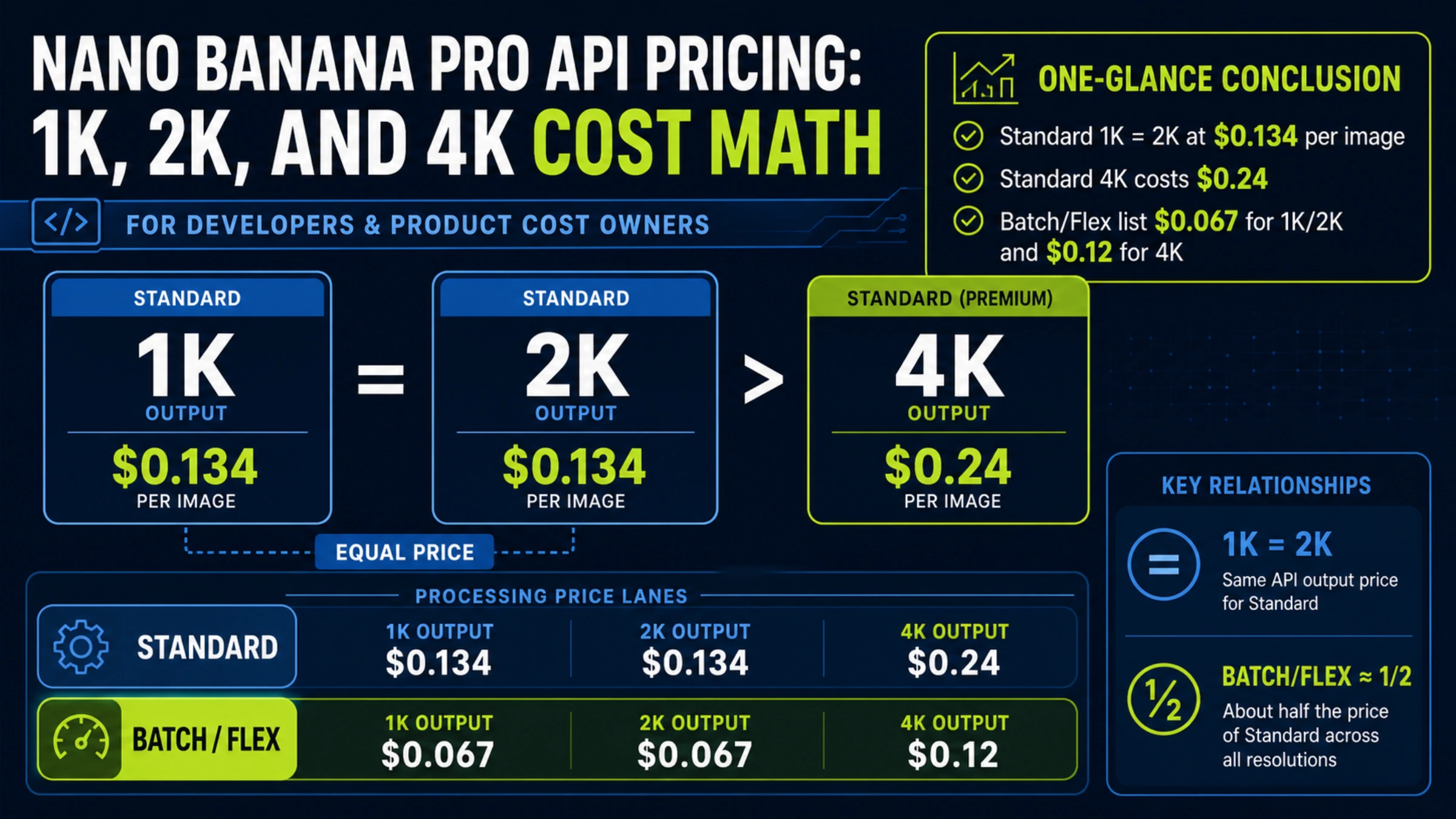 Nano Banana Pro API price ladder for 1K, 2K, and 4K output across Standard, Batch, and Flex