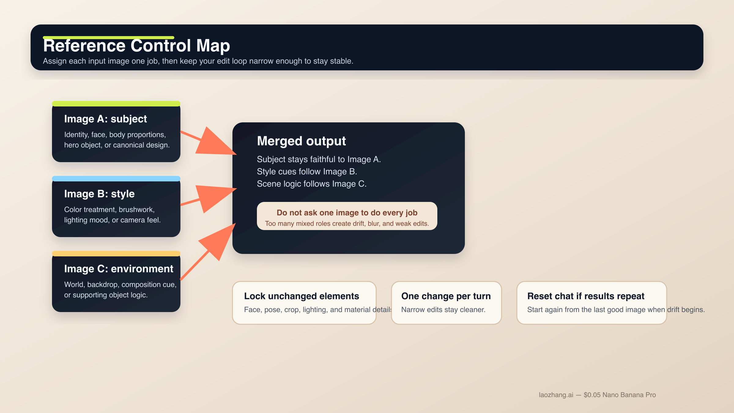 Workflow map showing Image A as subject, Image B as style, Image C as environment, with rules to lock unchanged elements, change one variable per turn, and reset the chat if outputs repeat.