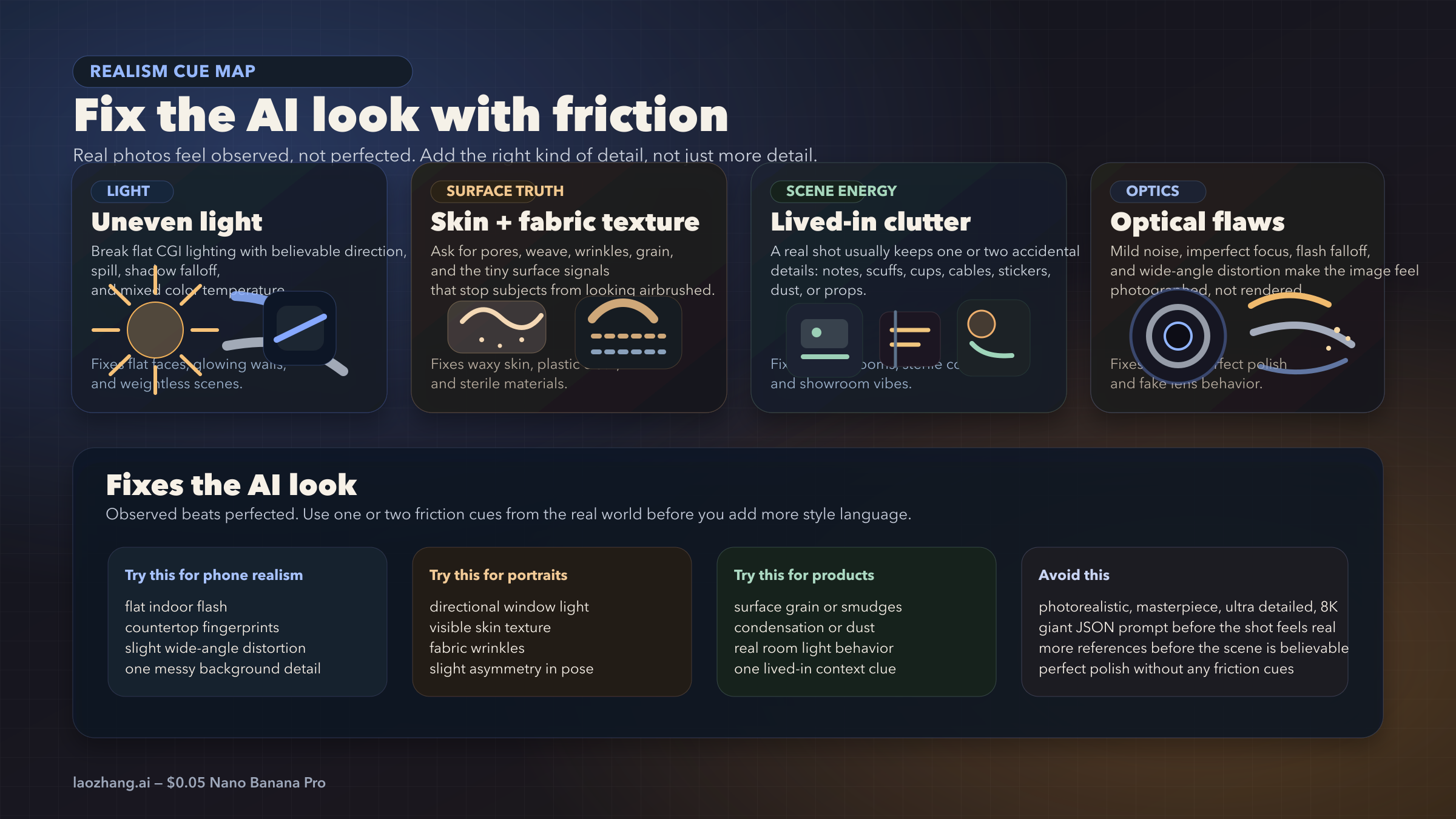Realism cue board for Nano Banana Pro showing camera language, lighting behavior, texture cues, and restrained reference use