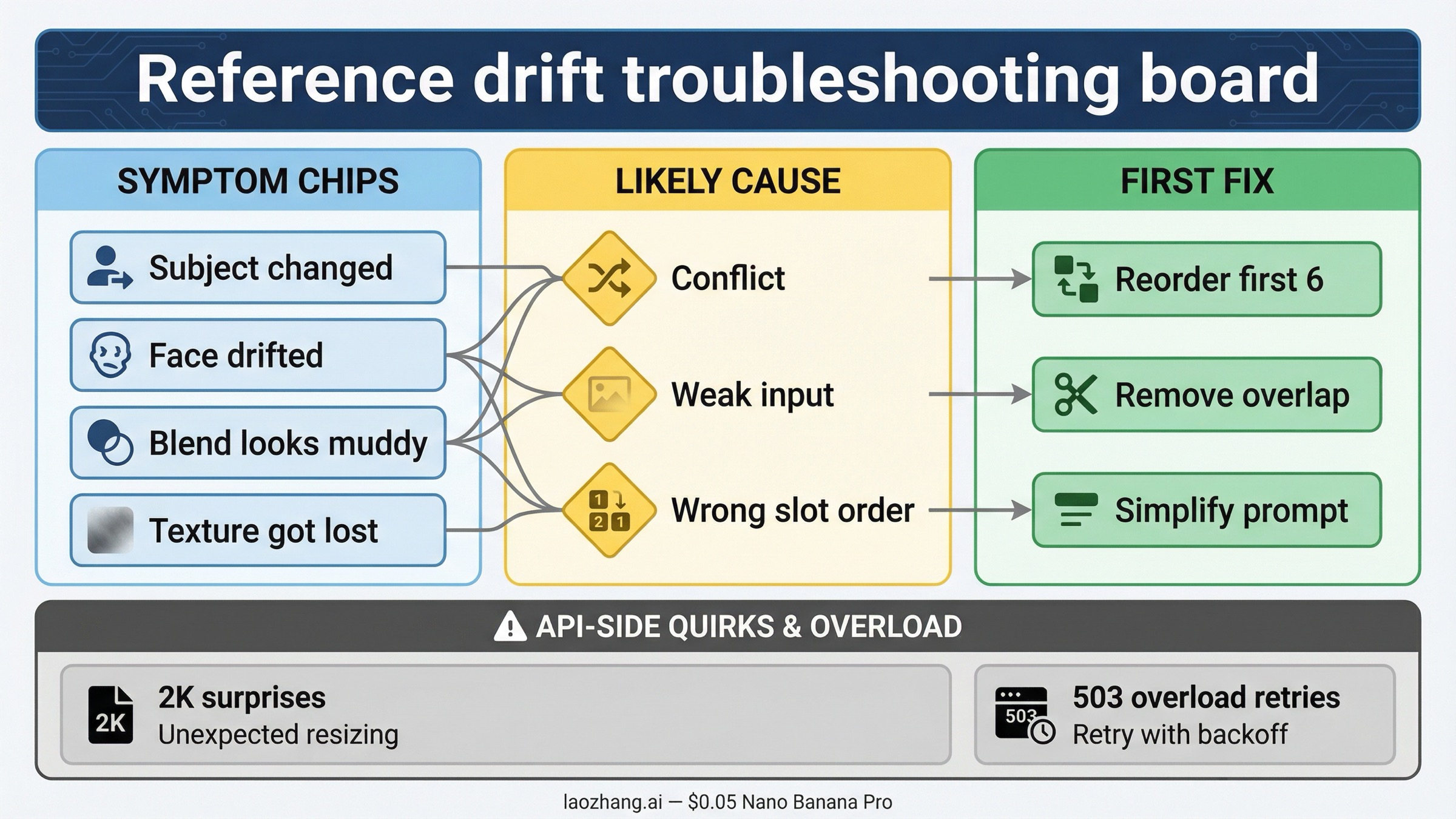 Reference drift troubleshooting board for Nano Banana Pro showing conflict, weak inputs, and slot-priority fixes