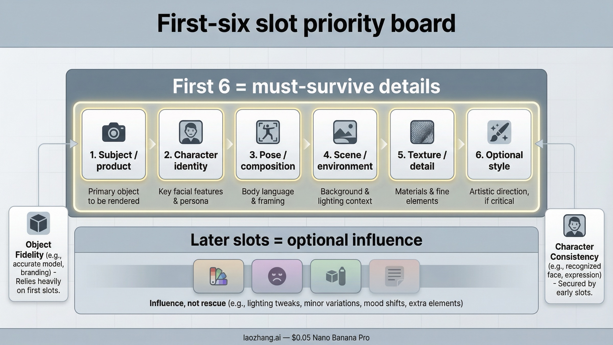 Slot priority board for Nano Banana Pro reference images showing which jobs belong in the first six high-fidelity slots