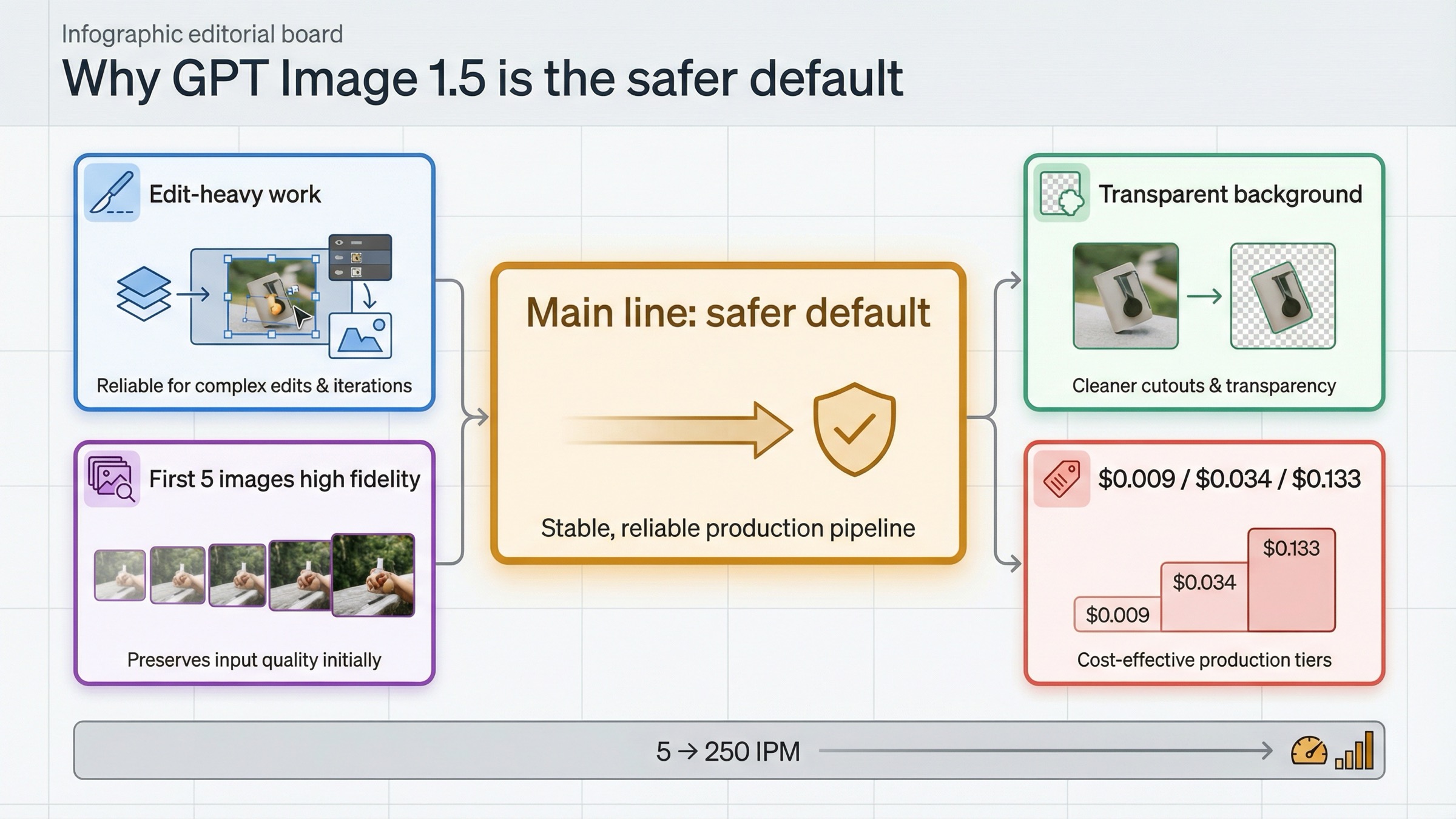 GPT Image 1.5 default-lane board showing edits, transparent backgrounds, high input fidelity for the first 5 images, the 1K price ladder, and published image-per-minute tiers.