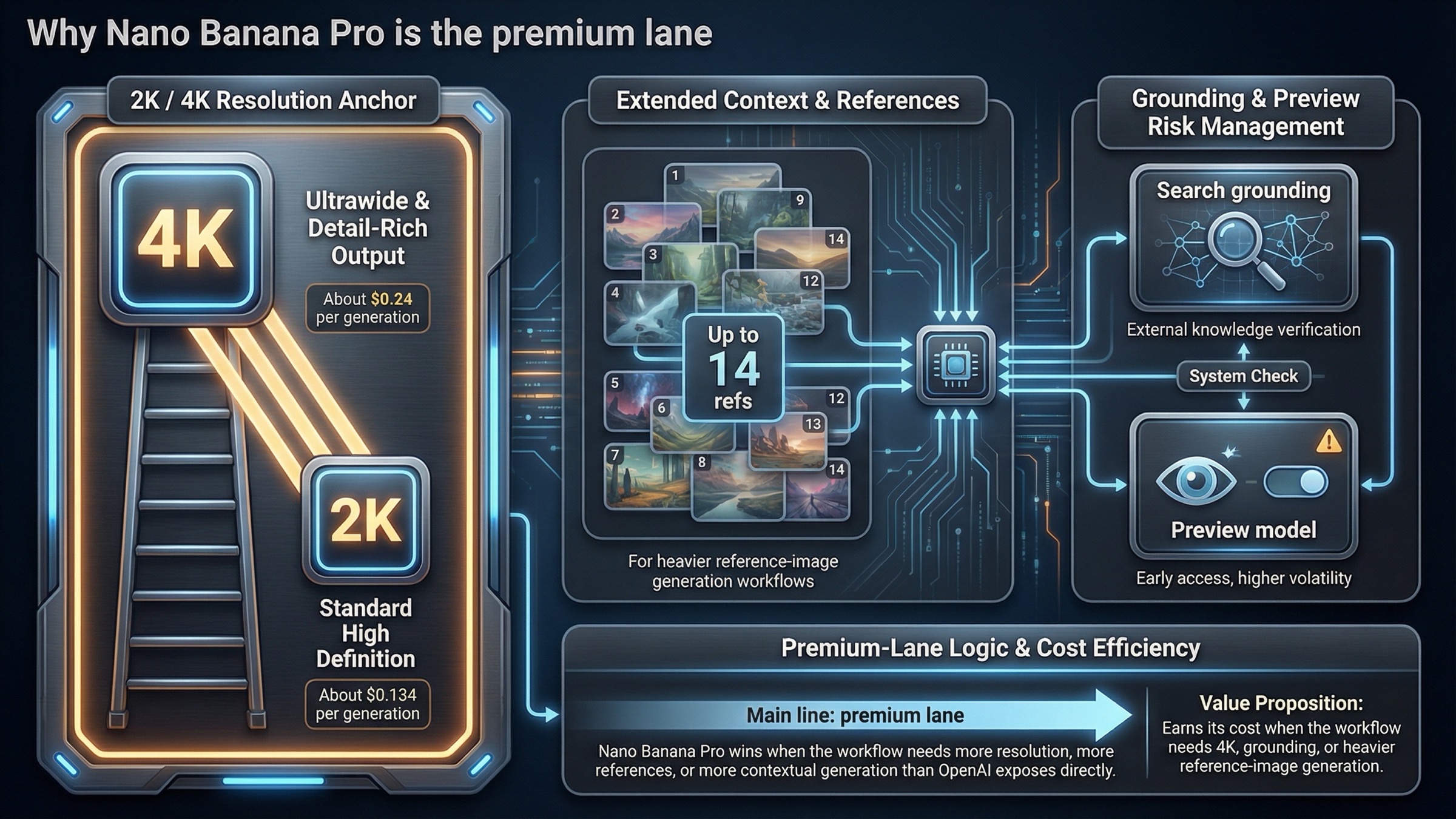 Nano Banana Pro premium-lane board showing 2K and 4K output, up to 14 reference images, Google Search grounding, preview-model status, and premium pricing cues.