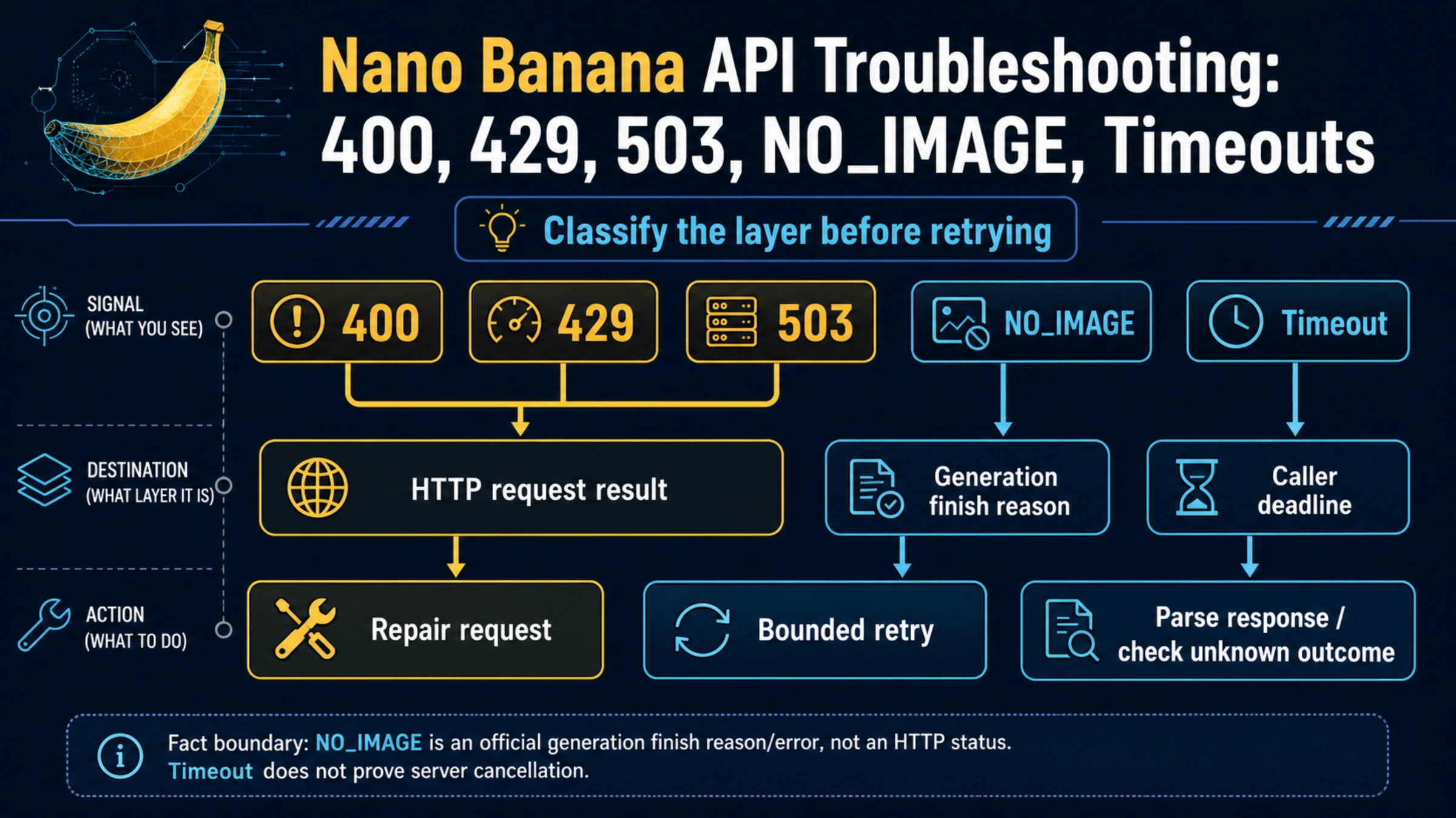 Nano Banana 400, 429, 503, NO_IMAGE, and timeout signals routed into three evidence layers