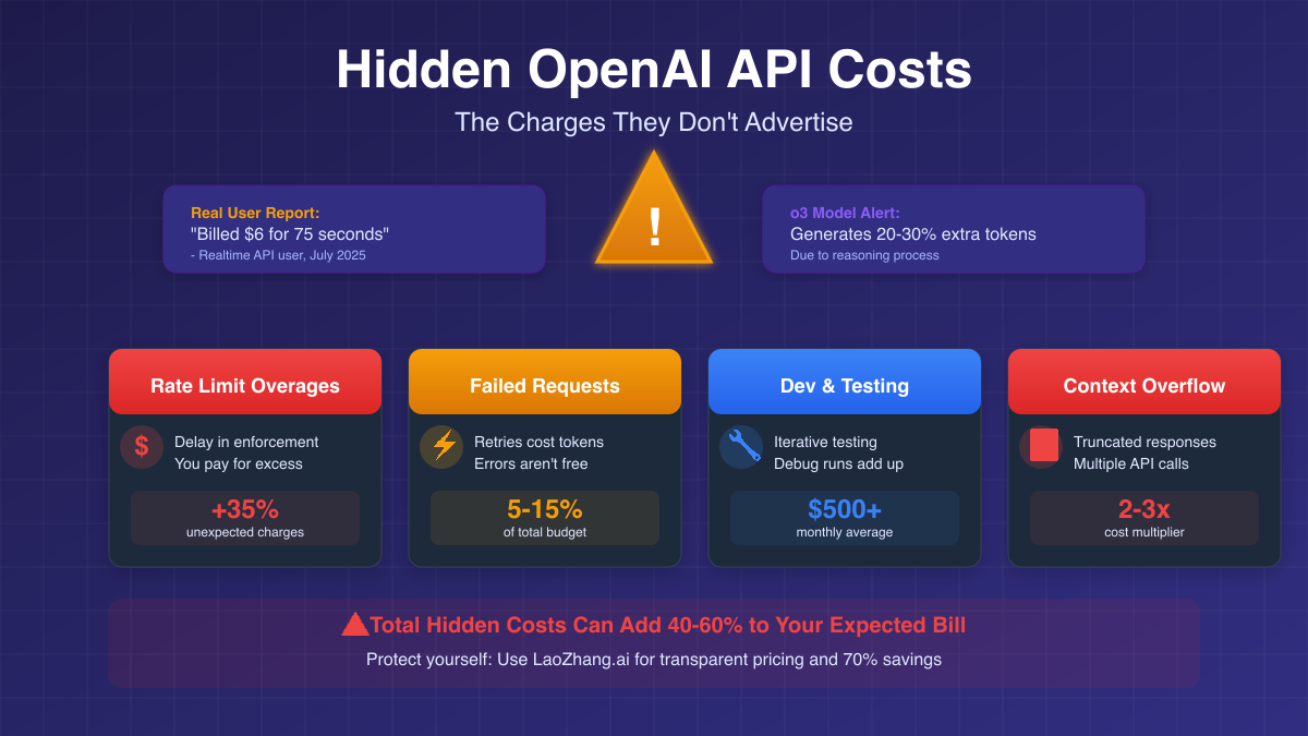 Hidden OpenAI API costs warning showing rate limit overages, failed requests, and development testing expenses