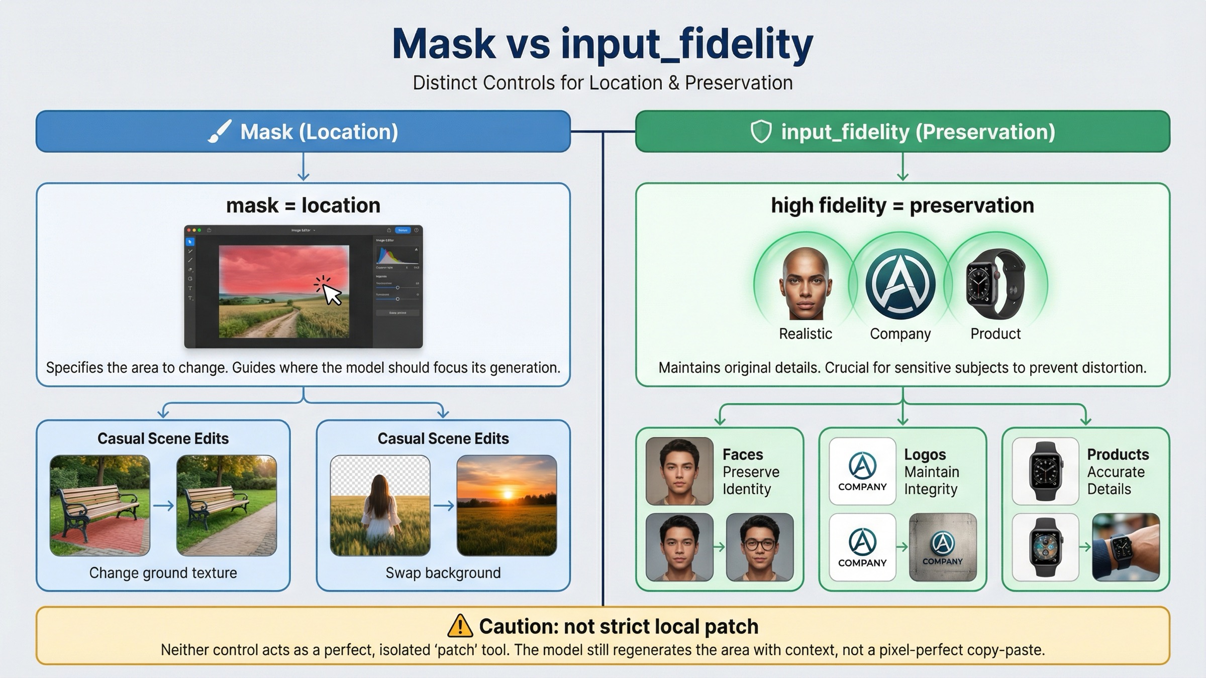 Decision board showing when an OpenAI mask alone is enough and when input_fidelity high is needed