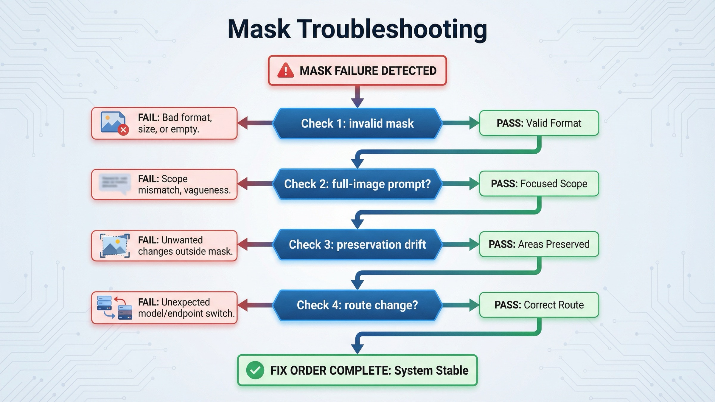 Troubleshooting flow for OpenAI image edit masks covering invalid files, vague prompts, preservation drift, and route changes