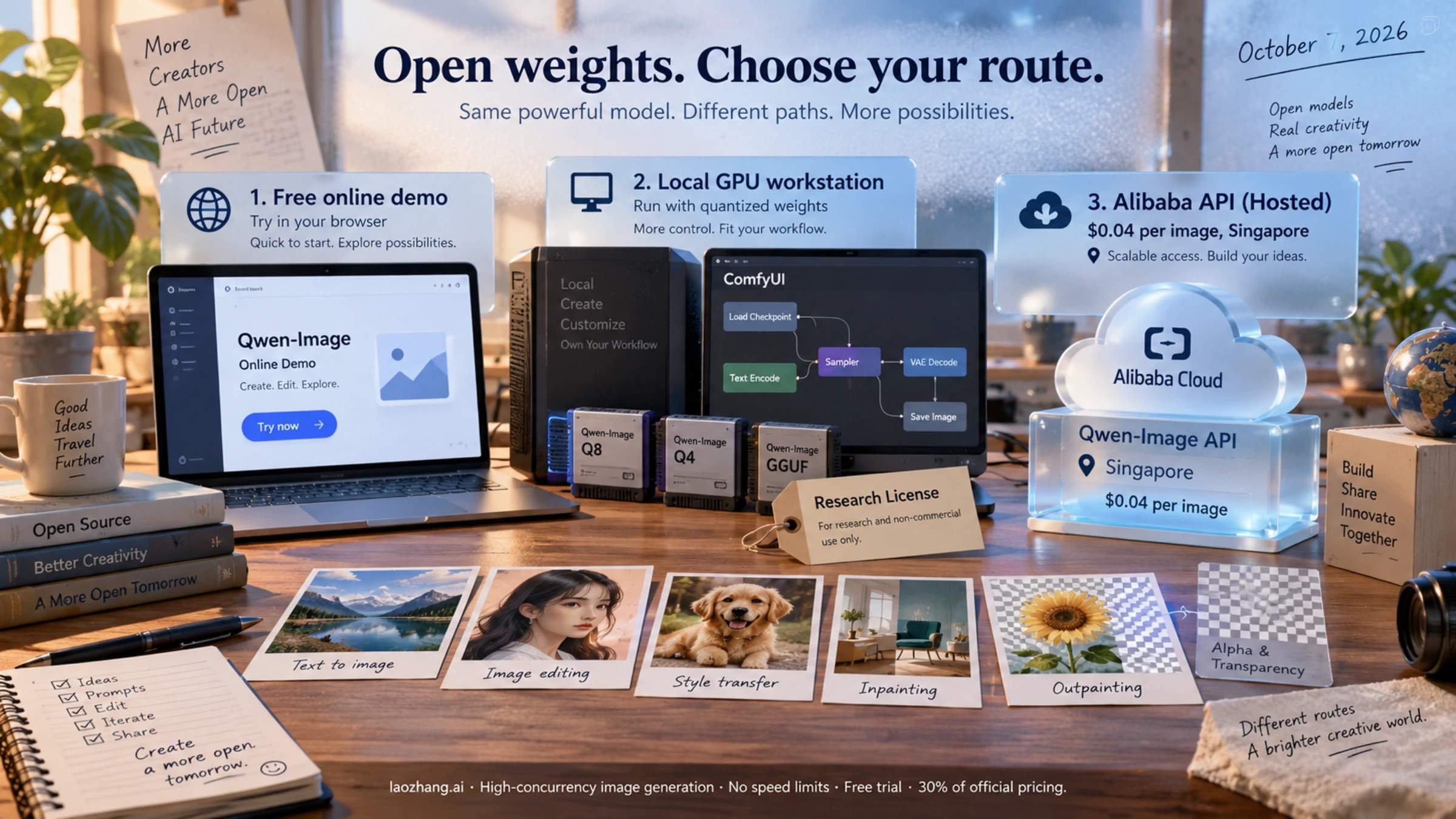 A creator's desk showing online demo, local GPU and hosted API routes for Qwen Image 2.1
