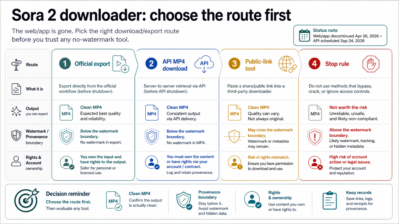 Sora 2 downloader route board separating official export, API MP4 download, public-link tools, and stop rules