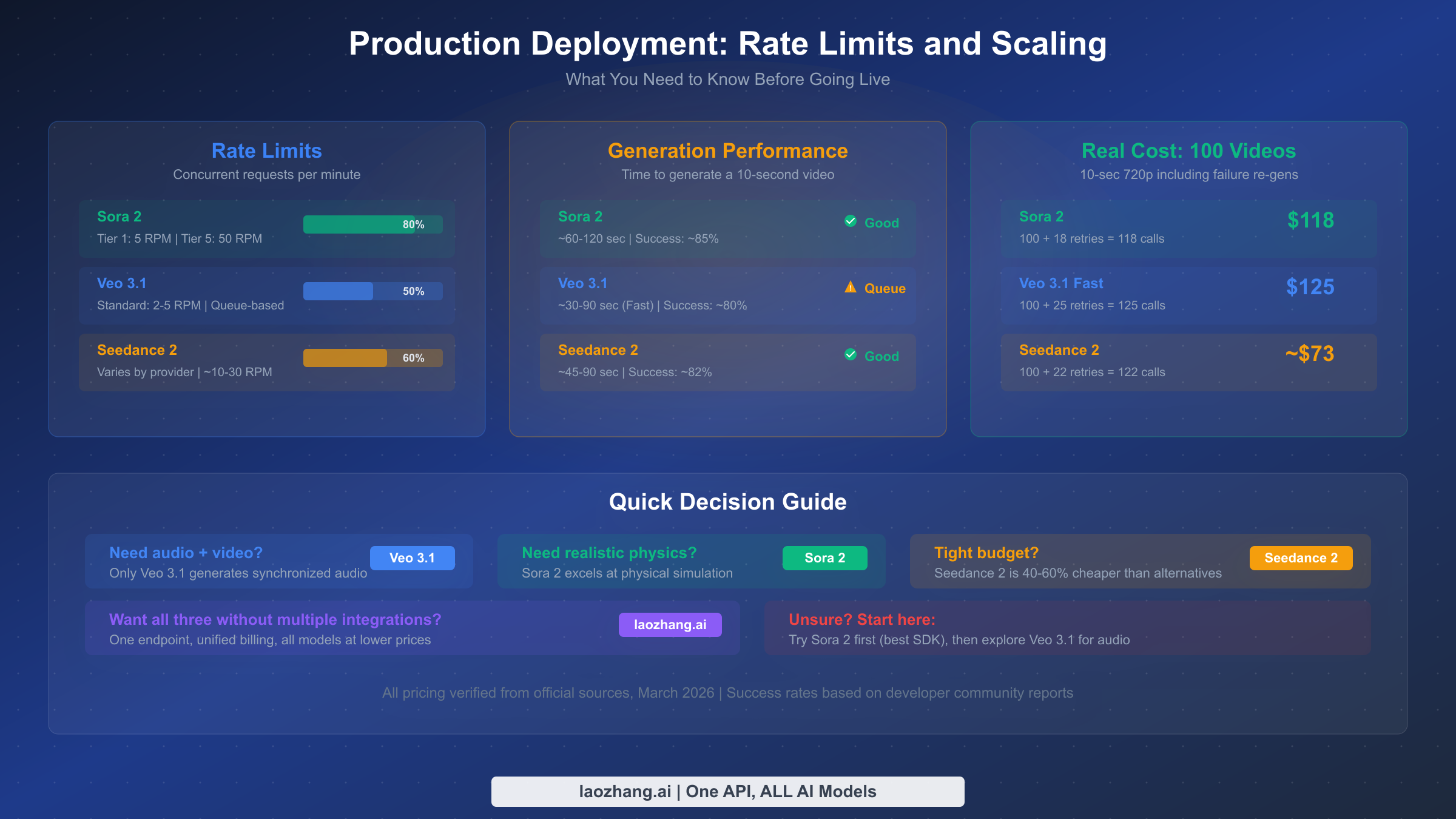 Production deployment overview showing rate limits, generation performance, and real costs for 100 video generations