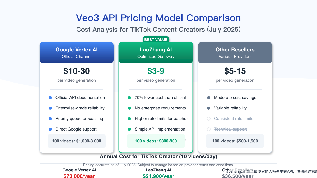 Pricing model comparison of different Veo3 API access options