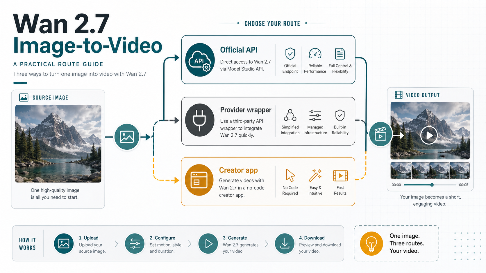 Wan 2.7 image-to-video route selector showing official API, provider wrapper, and creator app paths from source image to video output