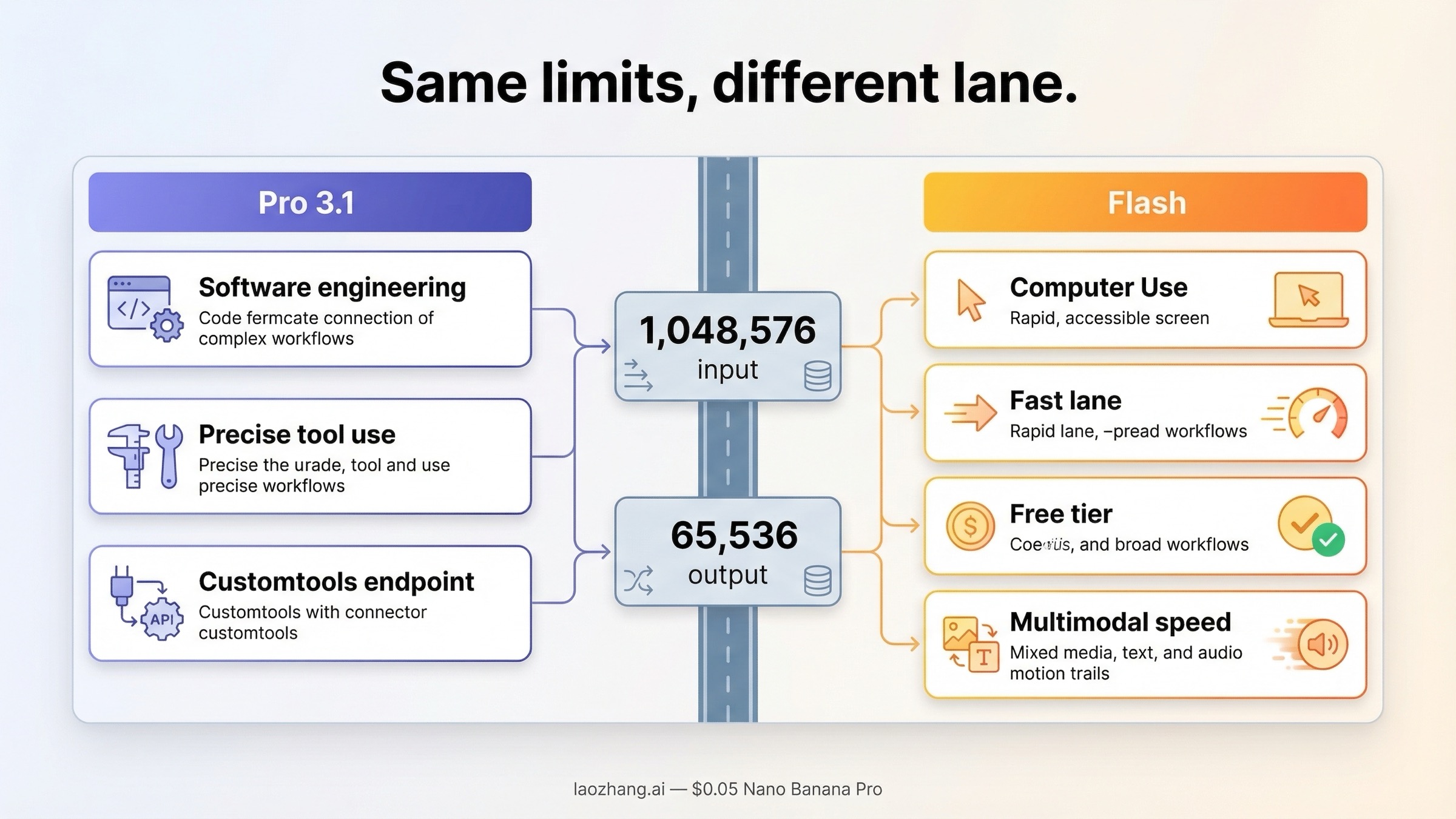 Panel que muestra que ambos modelos comparten token limits, pero no el mismo tool surface ni la misma production lane.