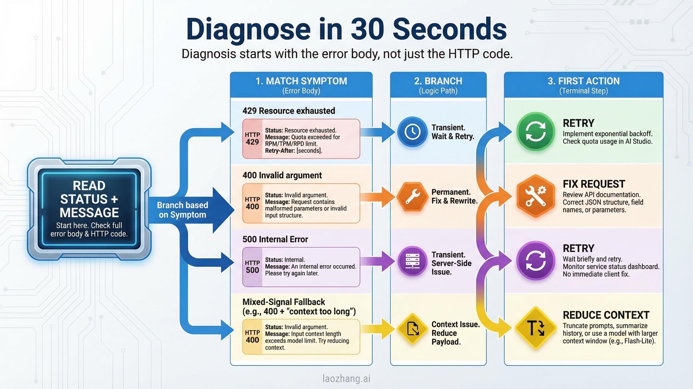 Mapa de decisión para diagnosticar errores 429, 400 y 500 de Gemini API en 30 segundos.